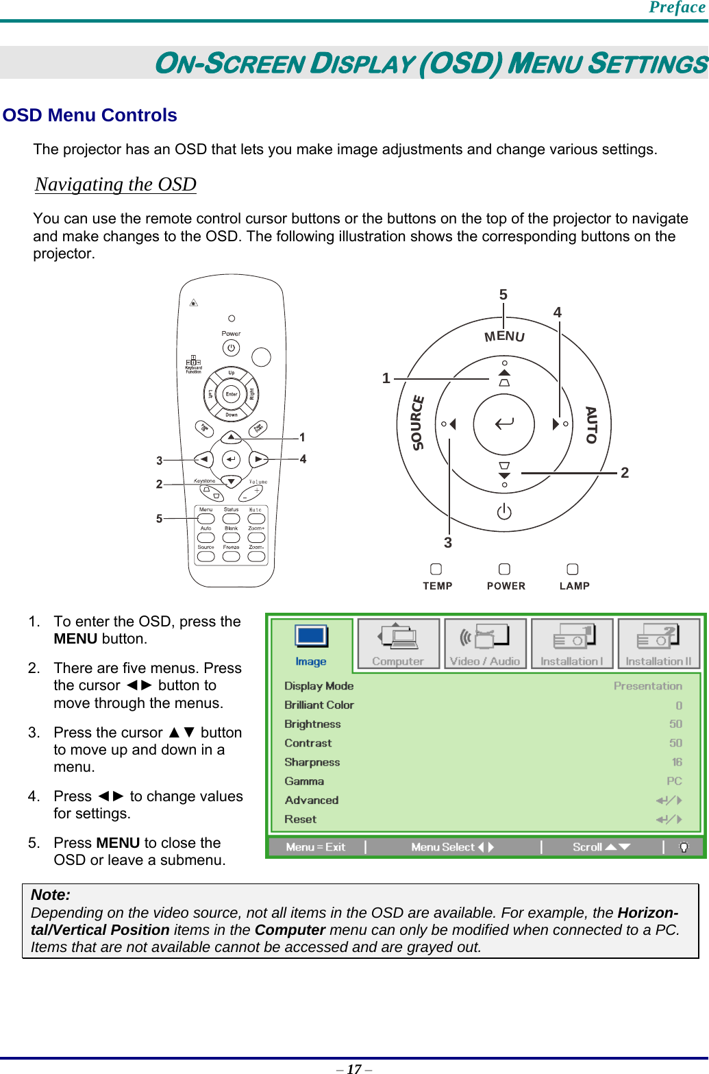    Preface – 17 – ON-SCREEN DISPLAY (OSD) MENU SETTINGS OSD Menu Controls The projector has an OSD that lets you make image adjustments and change various settings.  Navigating the OSD You can use the remote control cursor buttons or the buttons on the top of the projector to navigate and make changes to the OSD. The following illustration shows the corresponding buttons on the projector. MENUSOURCEAUTO                             12345 1.  To enter the OSD, press the MENU button.  2.  There are five menus. Press the cursor ◄► button to move through the menus.  3. Press the cursor ▲▼ button to move up and down in a menu.  4. Press ◄► to change values for settings. 5. Press MENU to close the OSD or leave a submenu. Note: Depending on the video source, not all items in the OSD are available. For example, the Horizon-tal/Vertical Position items in the Computer menu can only be modified when connected to a PC. Items that are not available cannot be accessed and are grayed out.  