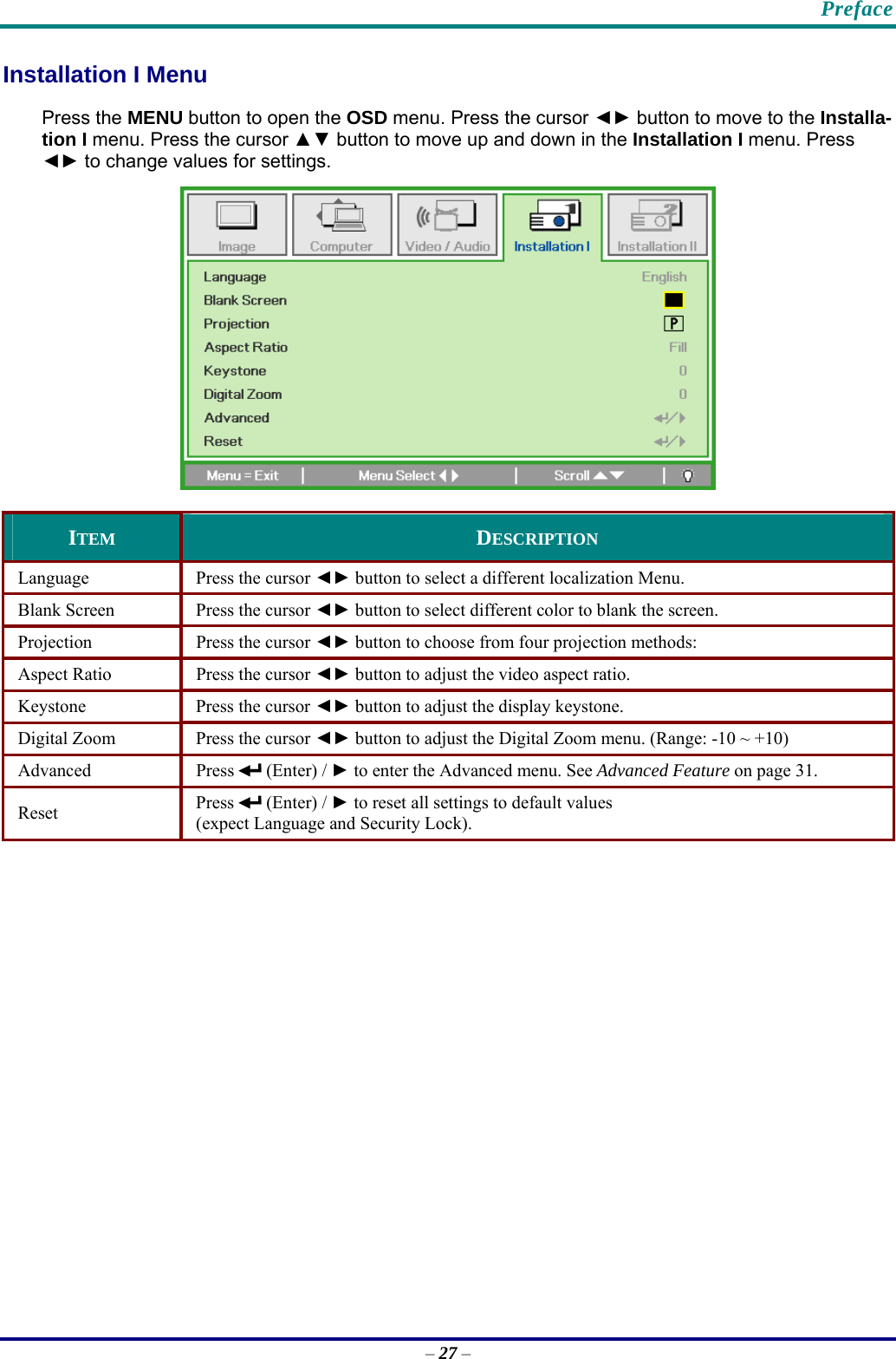    Preface Installation I Menu  Press the MENU button to open the OSD menu. Press the cursor ◄► button to move to the Installa-tion I menu. Press the cursor ▲▼ button to move up and down in the Installation I menu. Press ◄► to change values for settings.  ITEM  DESCRIPTION Language  Press the cursor ◄► button to select a different localization Menu. Blank Screen  Press the cursor ◄► button to select different color to blank the screen. Projection  Press the cursor ◄► button to choose from four projection methods: Aspect Ratio  Press the cursor ◄► button to adjust the video aspect ratio. Keystone  Press the cursor ◄► button to adjust the display keystone. Digital Zoom   Press the cursor ◄► button to adjust the Digital Zoom menu. (Range: -10 ~ +10) Advanced Press  (Enter) / ► to enter the Advanced menu. See Advanced Feature on page 31. Reset  Press   (Enter) / ► to reset all settings to default values  (expect Language and Security Lock).  – 27 – 