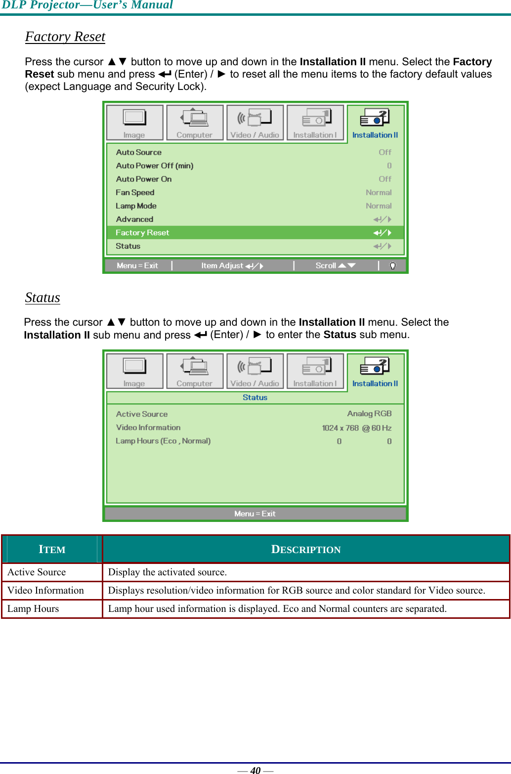 DLP Projector—User’s Manual Factory Reset Press the cursor ▲▼ button to move up and down in the Installation II menu. Select the Factory Reset sub menu and press   (Enter) / ► to reset all the menu items to the factory default values (expect Language and Security Lock).  Status Press the cursor ▲▼ button to move up and down in the Installation II menu. Select the  Installation II sub menu and press   (Enter) / ► to enter the Status sub menu.  ITEM  DESCRIPTION Active Source  Display the activated source. Video Information  Displays resolution/video information for RGB source and color standard for Video source. Lamp Hours  Lamp hour used information is displayed. Eco and Normal counters are separated.   — 40 — 