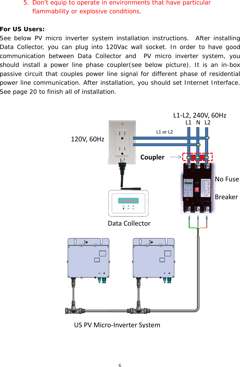  65. Don’t equip to operate in environments that have particular flammability or explosive conditions.  For US Users: See below PV micro inverter system installation instructions.  After installing Data Collector, you can plug into 120Vac wall socket. In order to have good communication between Data Collector and PV micro inverter system, you should install a power line phase coupler(see below picture). It is an in-box passive circuit that couples power line signal for different phase of residential power line communication. After installation, you should set Internet Interface. See page 20 to finish all of installation.            DataCollector L1L2N120V,60HzL1orL2CouplerL1‐L2,240V,60HzNoFuseBreakerUSPVMicro‐InverterSystem