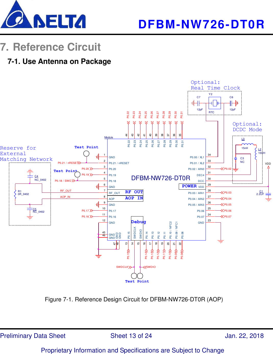     DFBM-NW726-DT0R   Preliminary Data Sheet               Sheet 13 of 24      Jan. 22, 2018  Proprietary Information and Specifications are Subject to Change  7. Reference Circuit    7-1. Use Antenna on Package  C3NCL210UHL315nHOptional:DCDC ModeTest PointP0.21 / nRESETTest PointSWDIOSWDCLKTest PointRF_OUTAOP_INC5NC_0402R10R_0402ModuleDFBM-NW726-DT0RGND1P0.21 / nRESET2P0.203P0.194P0.185GND6RF_OUT7AOP8GND9P0.1710GND12P0.10 / NFC220P0.09 / NFC121P0.0822GND 23P0.31 35P0.00 / XL1 34DEC4 31DCC 30VDD 29P0.03 / AIN1 28P0.04 / AIN2 27P0.07 24P0.30 36P0.02 / AIN0 32P0.01 / XL2 33P0.1416P0.1317P0.06 25P0.05 / AIN3 26P0.1218P0.1119P0.1513SWDCLK14SWDIO15P0.1611P0.29 37P0.28 38P0.27 39P0.26 40P0.25 41P0.24 42P0.23 43P0.22 44GND45GND46GND47GND48C12.2UFC4NC_0402VDDP0.29P0.28P0.23P0.31P0.30P0.22P0.25P0.24P0.06P0.05P0.04P0.15P0.07P0.13P0.14P0.09P0.10P0.11P0.12P0.16P0.17P0.08P0.20P0.18 / SWOP0.19AOP INOptional:Real Time ClockRF OUTDebugPOWERReserve for ExternalMatching NetworkP0.02P0.03P0.27P0.26C612pFY2RTCC712pF  Figure 7-1. Reference Design Circuit for DFBM-NW726-DT0R (AOP)    