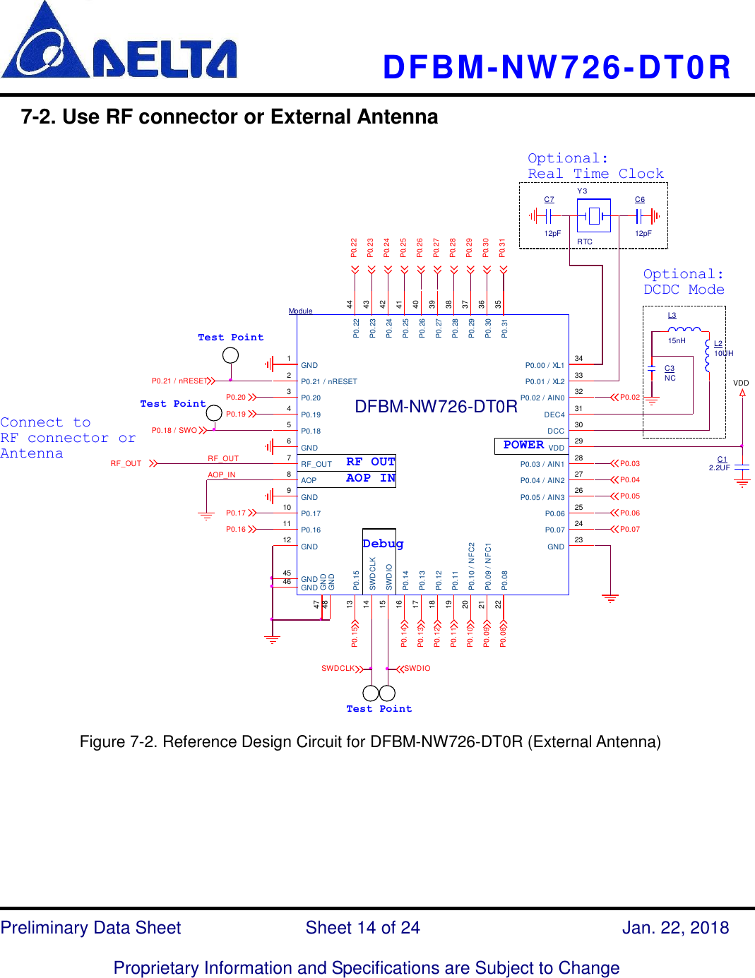     DFBM-NW726-DT0R   Preliminary Data Sheet               Sheet 14 of 24      Jan. 22, 2018  Proprietary Information and Specifications are Subject to Change     7-2. Use RF connector or External Antenna  L315nHC3NCL210UHOptional:DCDC ModeC12.2UFVDDDebugTest PointTest PointAOP INP0.18 / SWOTest PointP0.04P0.05P0.06P0.07P0.15SWDCLKP0.14SWDIOP0.13P0.12P0.11P0.10P0.09P0.08POWERRF OUTConnect to RF connector orAntennaAOP_INRF_OUTP0.17P0.16P0.19P0.20P0.21 / nRESETRF_OUTP0.02P0.03ModuleDFBM-NW726-DT0RGND1P0.21 / nRESET2P0.203P0.194P0.185GND6RF_OUT7AOP8GND9P0.1710GND12P0.10 / NFC220P0.09 / NFC121P0.0822GND 23P0.31 35P0.00 / XL1 34DEC4 31DCC 30VDD 29P0.03 / AIN1 28P0.04 / AIN2 27P0.07 24P0.30 36P0.02 / AIN0 32P0.01 / XL2 33P0.1416P0.1317P0.06 25P0.05 / AIN3 26P0.1218P0.1119P0.1513SWDCLK14SWDIO15P0.1611P0.29 37P0.28 38P0.27 39P0.26 40P0.25 41P0.24 42P0.23 43P0.22 44GND45GND46GND47GND48P0.28P0.29P0.30P0.31P0.23P0.24P0.25P0.22P0.26Optional:Real Time ClockP0.27C612pFY3RTCC712pF  Figure 7-2. Reference Design Circuit for DFBM-NW726-DT0R (External Antenna)      