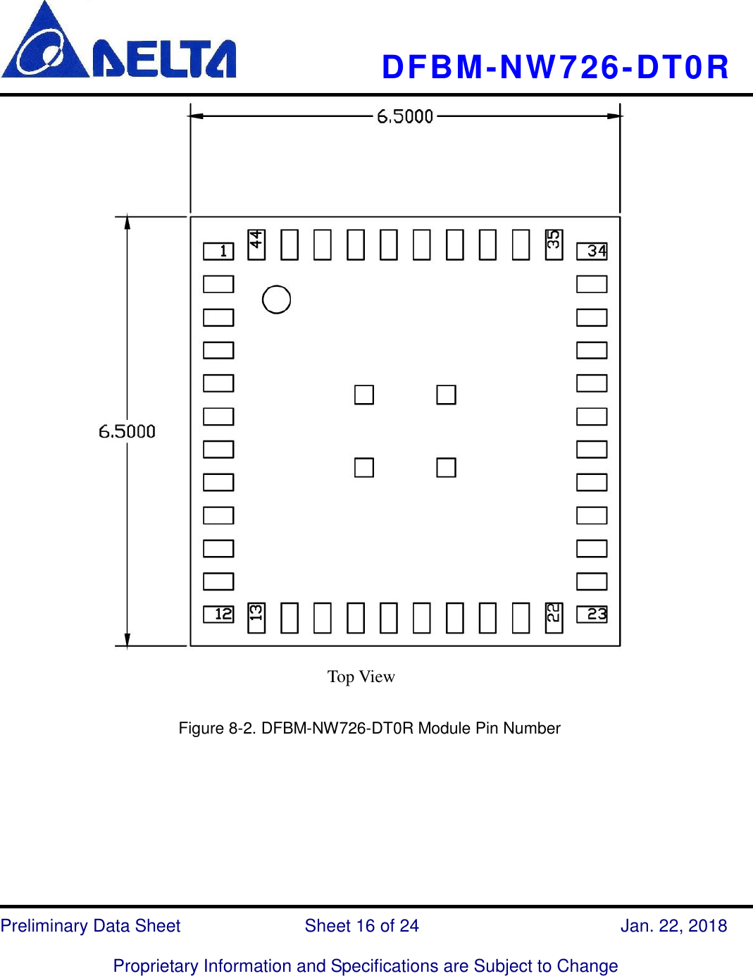     DFBM-NW726-DT0R   Preliminary Data Sheet               Sheet 16 of 24      Jan. 22, 2018  Proprietary Information and Specifications are Subject to Change     Figure 8-2. DFBM-NW726-DT0R Module Pin Number      Top View 