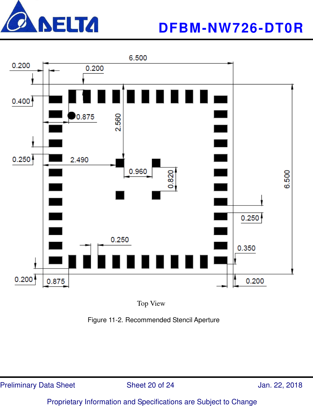     DFBM-NW726-DT0R   Preliminary Data Sheet               Sheet 20 of 24      Jan. 22, 2018  Proprietary Information and Specifications are Subject to Change       Figure 11-2. Recommended Stencil Aperture     Top View 