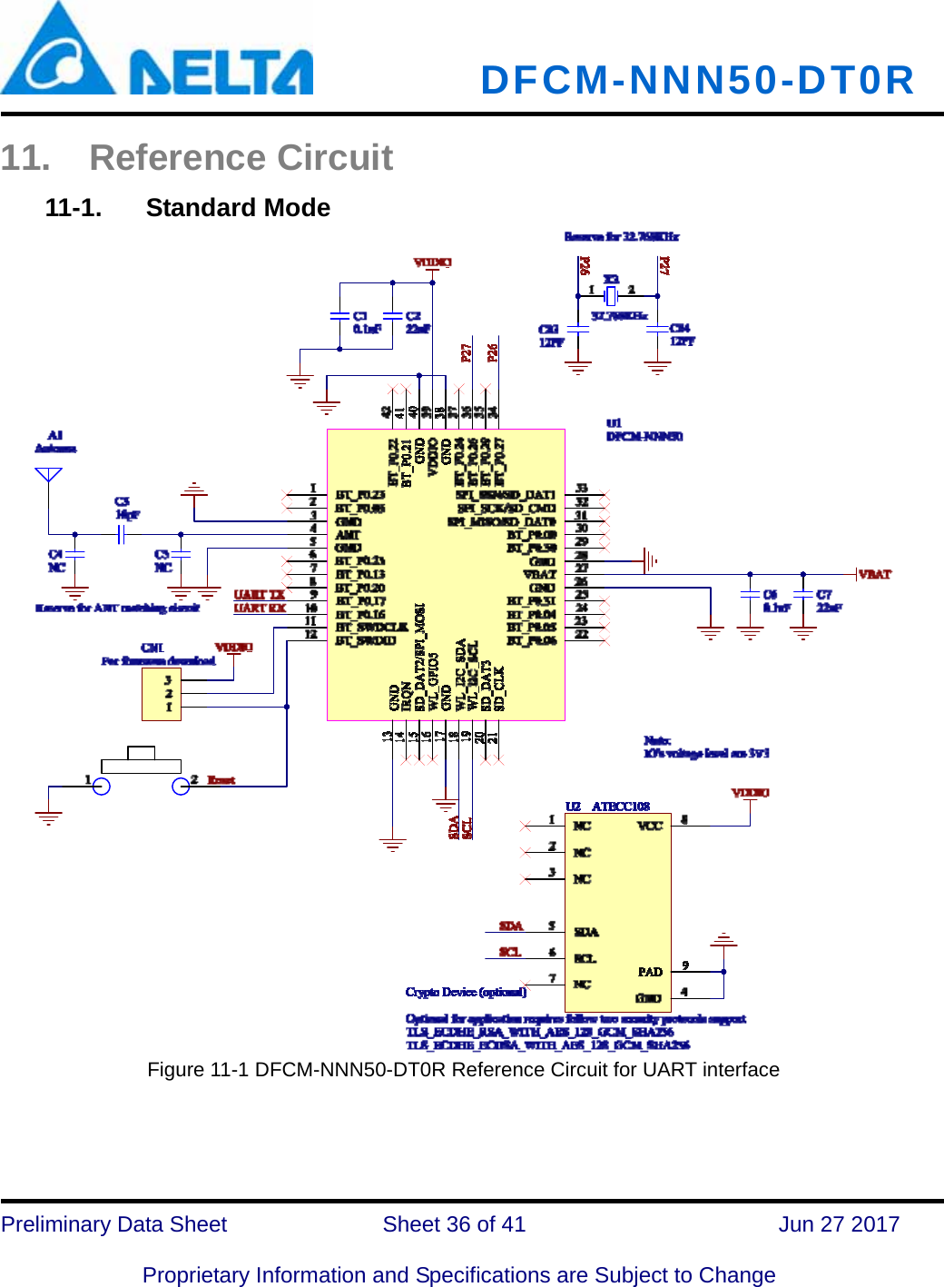   DFCM-NNN50-DT0R   Preliminary Data Sheet              Sheet 36 of 41      Jun 27 2017  Proprietary Information and Specifications are Subject to Change 11. Reference Circuit 11-1.  Standard Mode  Figure 11-1 DFCM-NNN50-DT0R Reference Circuit for UART interface     