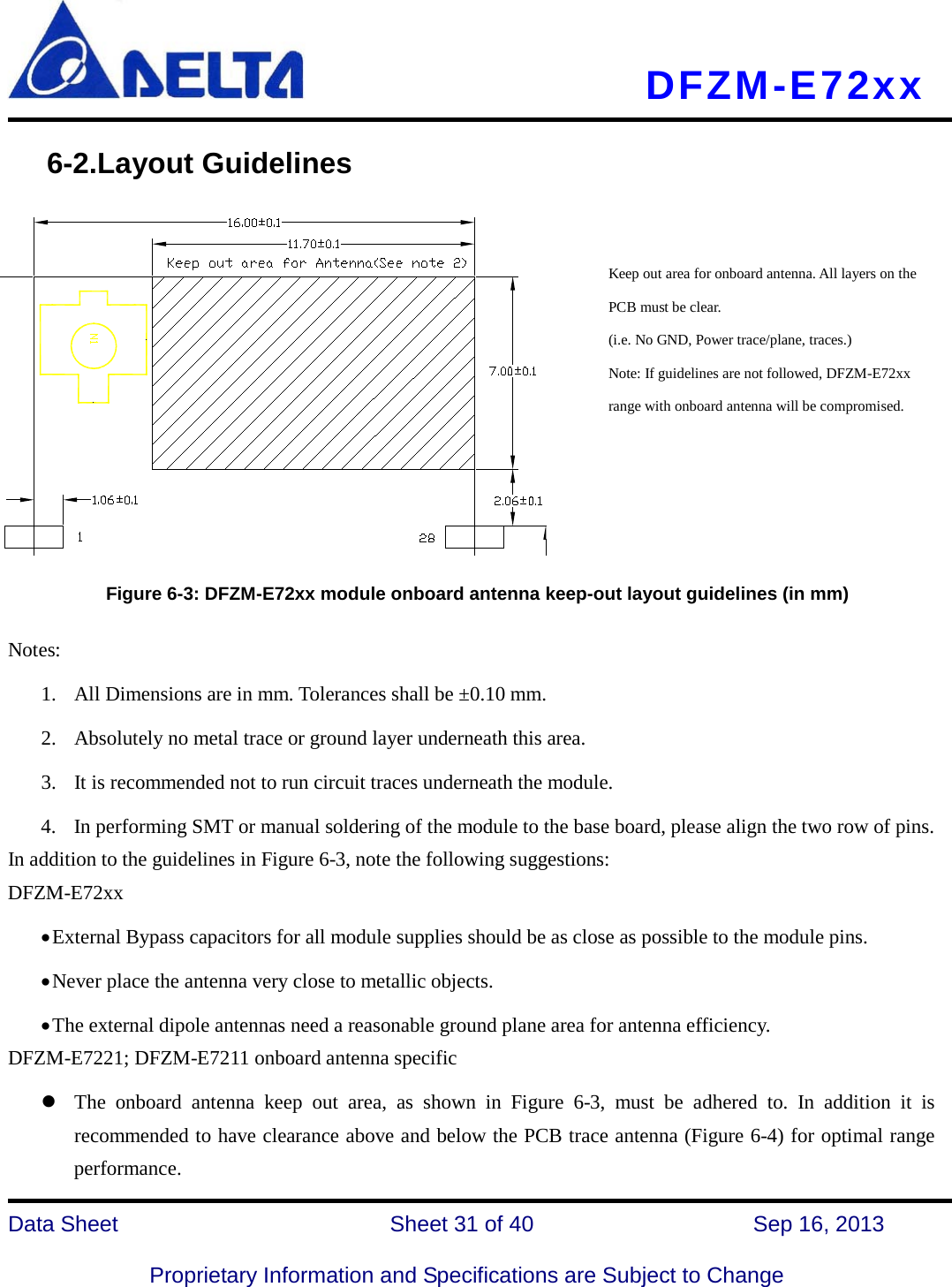     DFZM-E72xx   Data Sheet                 Sheet 31 of 40          Sep 16, 2013  Proprietary Information and Specifications are Subject to Change    6-2.Layout Guidelines          Figure 6-3: DFZM-E72xx module onboard antenna keep-out layout guidelines (in mm)  Notes: 1. All Dimensions are in mm. Tolerances shall be ±0.10 mm. 2. Absolutely no metal trace or ground layer underneath this area.   3. It is recommended not to run circuit traces underneath the module. 4. In performing SMT or manual soldering of the module to the base board, please align the two row of pins. In addition to the guidelines in Figure 6-3, note the following suggestions:   DFZM-E72xx   • External Bypass capacitors for all module supplies should be as close as possible to the module pins. • Never place the antenna very close to metallic objects. • The external dipole antennas need a reasonable ground plane area for antenna efficiency. DFZM-E7221; DFZM-E7211 onboard antenna specific  The  onboard  antenna keep out area, as shown in Figure 6-3, must be adhered to. In addition it is recommended to have clearance above and below the PCB trace antenna (Figure 6-4) for optimal range performance. Keep out area for onboard antenna. All layers on the PCB must be clear. (i.e. No GND, Power trace/plane, traces.) Note: If guidelines are not followed, DFZM-E72xx range with onboard antenna will be compromised. 