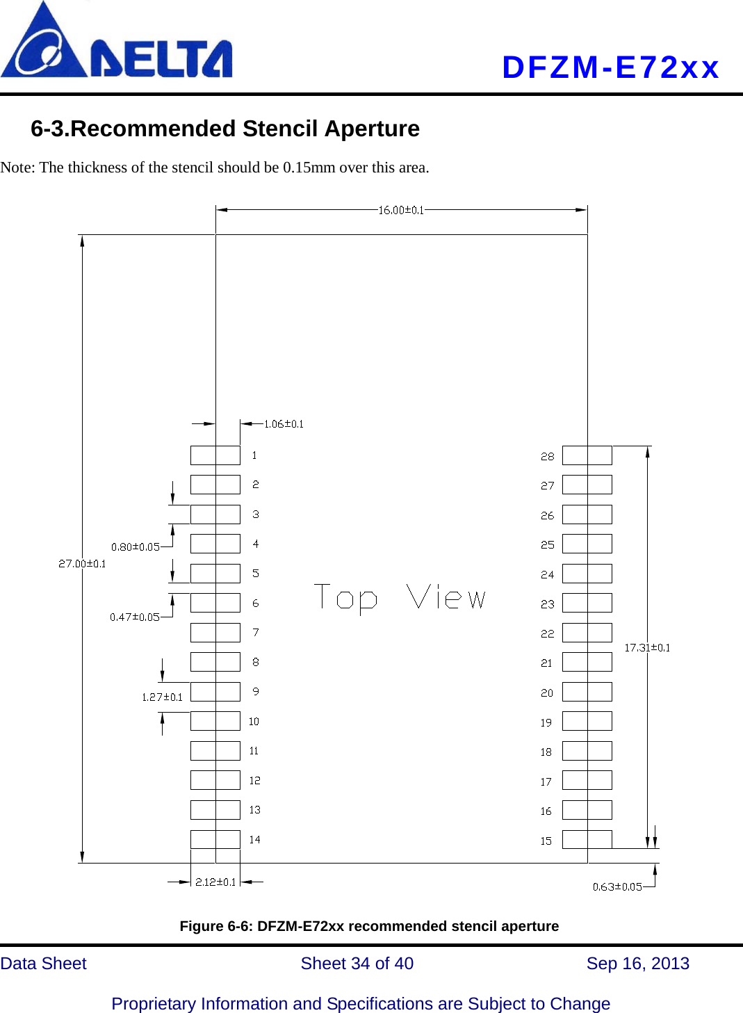     DFZM-E72xx   Data Sheet                 Sheet 34 of 40          Sep 16, 2013  Proprietary Information and Specifications are Subject to Change    6-3.Recommended Stencil Aperture Note: The thickness of the stencil should be 0.15mm over this area.                       Figure 6-6: DFZM-E72xx recommended stencil aperture 