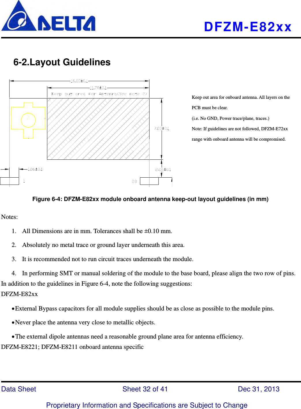   DFZM-E82xx   Data Sheet                 Sheet 32 of 41           Dec 31, 2013  Proprietary Information and Specifications are Subject to Change     6-2.Layout Guidelines          Figure 6-4: DFZM-E82xx module onboard antenna keep-out layout guidelines (in mm)  Notes: 1. All Dimensions are in mm. Tolerances shall be ±0.10 mm. 2. Absolutely no metal trace or ground layer underneath this area.   3. It is recommended not to run circuit traces underneath the module. 4. In performing SMT or manual soldering of the module to the base board, please align the two row of pins. In addition to the guidelines in Figure 6-4, note the following suggestions:   DFZM-E82xx   External Bypass capacitors for all module supplies should be as close as possible to the module pins.  Never place the antenna very close to metallic objects.  The external dipole antennas need a reasonable ground plane area for antenna efficiency. DFZM-E8221; DFZM-E8211 onboard antenna specific Keep out area for onboard antenna. All layers on the PCB must be clear. (i.e. No GND, Power trace/plane, traces.) Note: If guidelines are not followed, DFZM-E72xx range with onboard antenna will be compromised. 