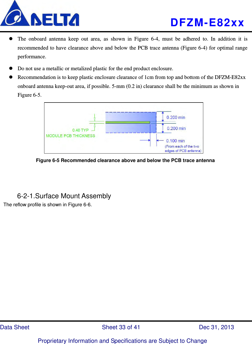   DFZM-E82xx   Data Sheet                 Sheet 33 of 41           Dec 31, 2013  Proprietary Information and Specifications are Subject to Change  The onboard antenna keep out area, as shown in Figure 6-4, must be adhered to. In addition it is recommended to have clearance above and below the PCB trace antenna (Figure 6-4) for optimal range performance.  Do not use a metallic or metalized plastic for the end product enclosure.  Recommendation is to keep plastic enclosure clearance of 1cm from top and bottom of the DFZM-E82xx onboard antenna keep-out area, if possible. 5-mm (0.2 in) clearance shall be the minimum as shown in Figure 6-5.      Figure 6-5 Recommended clearance above and below the PCB trace antenna         6-2-1.Surface Mount Assembly The reflow profile is shown in Figure 6-6.   