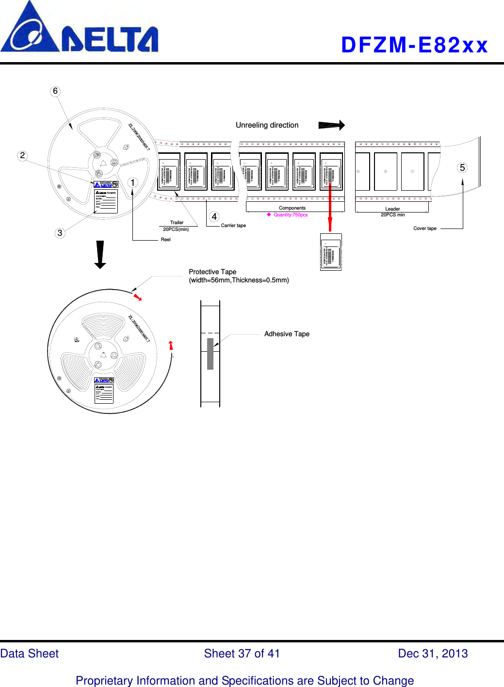   DFZM-E82xx   Data Sheet                 Sheet 37 of 41           Dec 31, 2013  Proprietary Information and Specifications are Subject to Change 36PS5412687Protective Tape(width=56mm,Thickness=0.5mm)Adhesive TapeCarrier tapeAcceptedCUSTOMER:MODEL:Q&apos;TY:DATE:FQC:RoHS Compliant PbComponents◆ Quantity:750pcsLeader20PCS minCover tape54Trailer20PCS(min)1ReelAcceptedCUSTOMER :MODEL:Q&apos;TY:DATE:FQC:RoHS Compliant Pb236Unreeling directionZL:200620003605.7ZL:200620003605.7DFZM-TS210-DT0RFCC ID : H79DFZM-TS210YYWWNNNNNDFZM-TS210-DT0RFCC ID : H79DFZM-TS210YYWWNNNNNDFZM-TS210-DT0RFCC ID : H79DFZM-TS210YYWWNNNNNDFZM-TS210-DT0RFCC ID : H79DFZM-TS210YYWWNNNNN10-DT0R H79DF ZM-TS210YYWWNNNNNDFZM-TS210-DT0RFCC ID : H79DFZM-TS210YYWWNNNNNDFZM-TS210-DT0RFCC ID : H79DFZM-TS210YYWWNNNNNDFZM-TS210-DT0RFCC ID : H79DFZM-TS210YYWWNNNNN                      