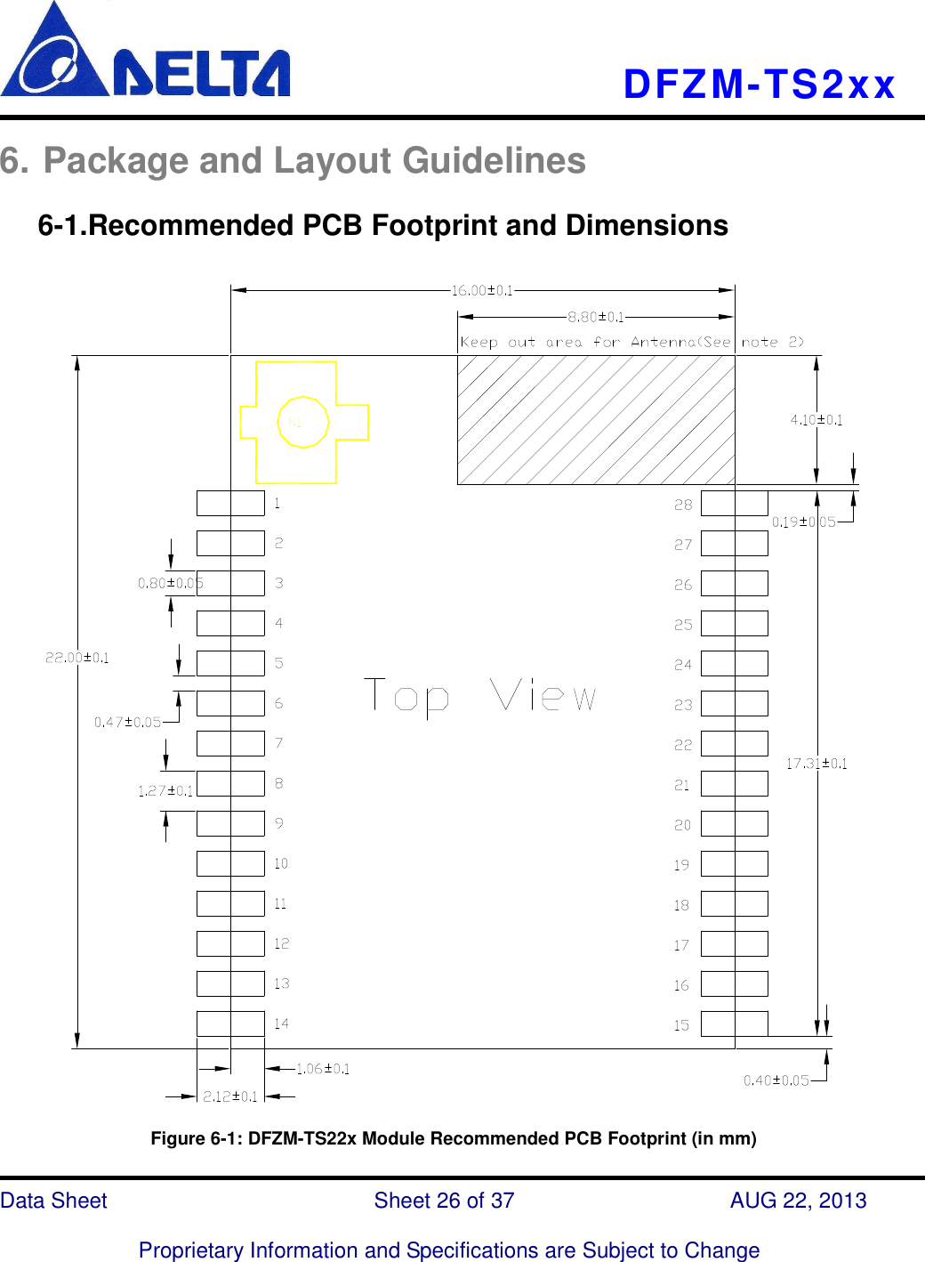    DFZM-TS2xx   Data Sheet                              Sheet 26 of 37                    AUG 22, 2013  Proprietary Information and Specifications are Subject to Change 6. Package and Layout Guidelines      6-1.Recommended PCB Footprint and Dimensions                      Figure 6-1: DFZM-TS22x Module Recommended PCB Footprint (in mm) 