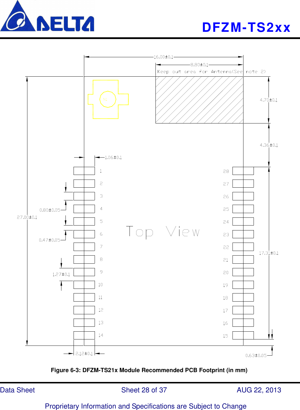    DFZM-TS2xx   Data Sheet                              Sheet 28 of 37                    AUG 22, 2013  Proprietary Information and Specifications are Subject to Change                         Figure 6-3: DFZM-TS21x Module Recommended PCB Footprint (in mm) 