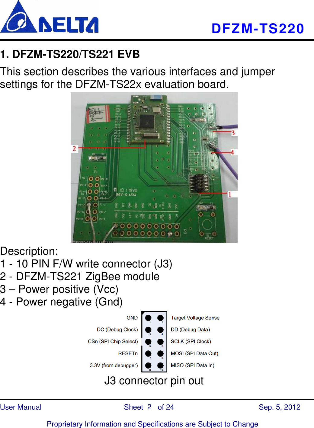    DFZM-TS220    User Manual                            Sheet        of 24      Sep. 5, 2012  Proprietary Information and Specifications are Subject to Change 2 1. DFZM-TS220/TS221 EVB This section describes the various interfaces and jumper settings for the DFZM-TS22x evaluation board.  Description: 1 - 10 PIN F/W write connector (J3)   2 - DFZM-TS221 ZigBee module 3 – Power positive (Vcc)   4 - Power negative (Gnd)  J3 connector pin out 
