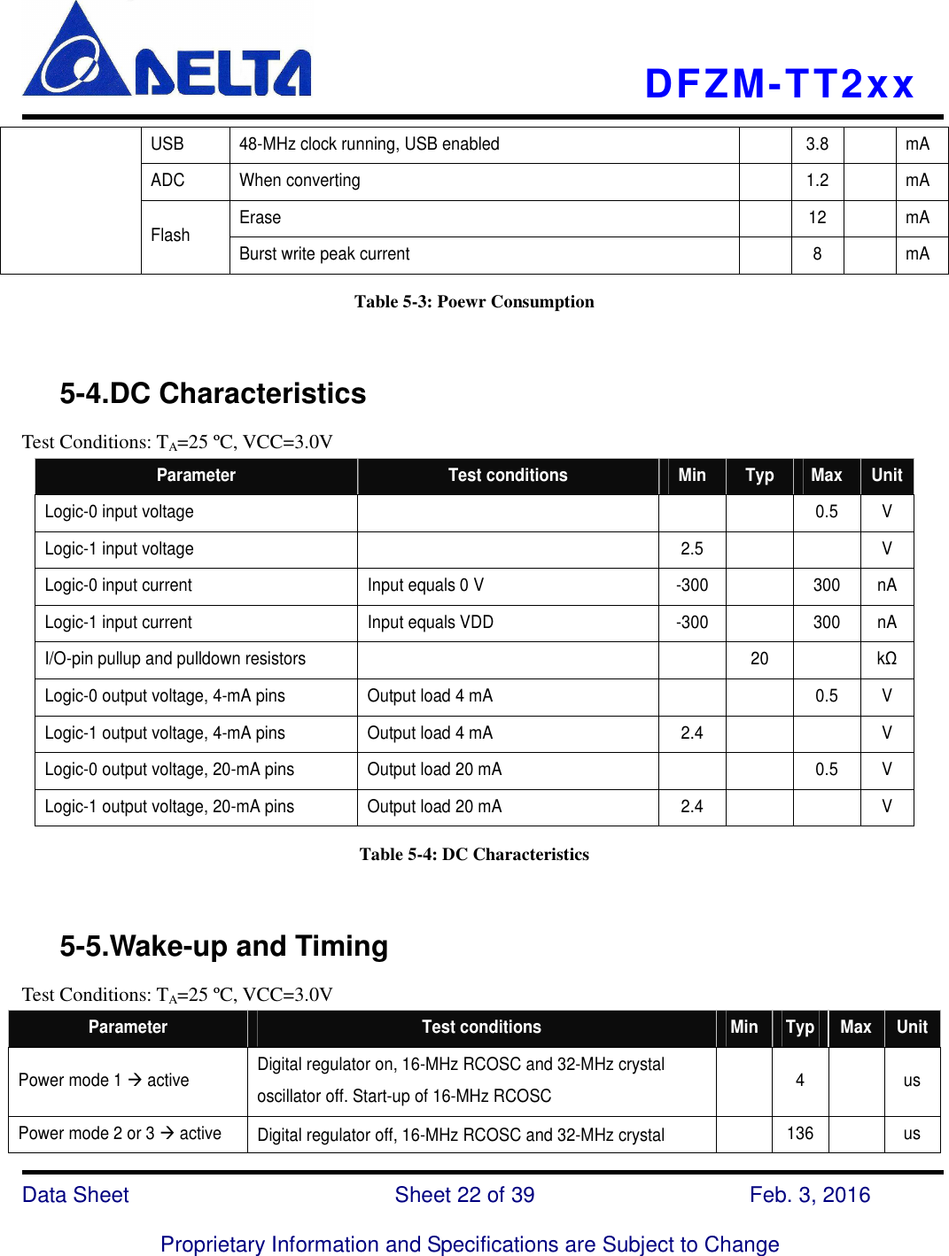    DFZM-TT2xx   Data Sheet                              Sheet 22 of 39                    Feb. 3, 2016  Proprietary Information and Specifications are Subject to Change USB  48-MHz clock running, USB enabled    3.8   mA ADC  When converting    1.2   mA Erase    12    mA Flash  Burst write peak current    8    mA Table 5-3: Poewr Consumption       5-4.DC Characteristics Test Conditions: TA=25 ºC, VCC=3.0V Parameter  Test conditions  Min  Typ  Max  Unit Logic-0 input voltage        0.5  V Logic-1 input voltage    2.5      V Logic-0 input current  Input equals 0 V  -300    300  nA Logic-1 input current  Input equals VDD  -300    300  nA I/O-pin pullup and pulldown resistors      20    kΩ Logic-0 output voltage, 4-mA pins  Output load 4 mA      0.5  V Logic-1 output voltage, 4-mA pins  Output load 4 mA  2.4      V Logic-0 output voltage, 20-mA pins  Output load 20 mA      0.5  V Logic-1 output voltage, 20-mA pins  Output load 20 mA  2.4      V Table 5-4: DC Characteristics       5-5.Wake-up and Timing Test Conditions: TA=25 ºC, VCC=3.0V Parameter  Test conditions  Min Typ Max Unit Power mode 1  active  Digital regulator on, 16-MHz RCOSC and 32-MHz crystal oscillator off. Start-up of 16-MHz RCOSC    4    us Power mode 2 or 3  active  Digital regulator off, 16-MHz RCOSC and 32-MHz crystal    136   us 