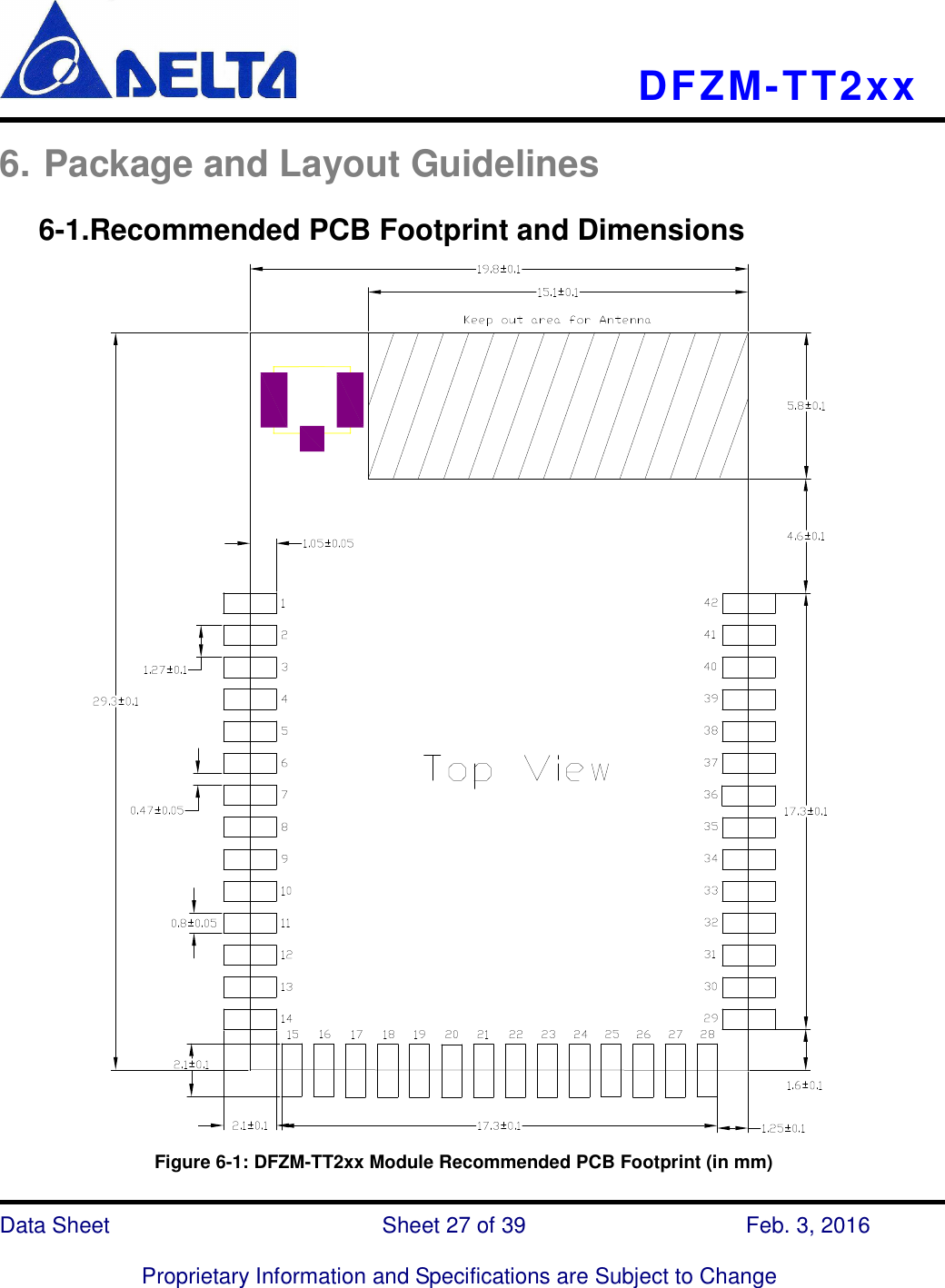    DFZM-TT2xx   Data Sheet                              Sheet 27 of 39                    Feb. 3, 2016  Proprietary Information and Specifications are Subject to Change 6. Package and Layout Guidelines      6-1.Recommended PCB Footprint and Dimensions                      Figure 6-1: DFZM-TT2xx Module Recommended PCB Footprint (in mm) 