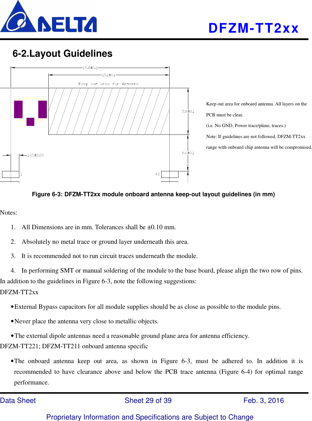    DFZM-TT2xx   Data Sheet                              Sheet 29 of 39                    Feb. 3, 2016  Proprietary Information and Specifications are Subject to Change      6-2.Layout Guidelines          Figure 6-3: DFZM-TT2xx module onboard antenna keep-out layout guidelines (in mm)  Notes: 1. All Dimensions are in mm. Tolerances shall be ±0.10 mm. 2. Absolutely no metal trace or ground layer underneath this area.   3. It is recommended not to run circuit traces underneath the module. 4. In performing SMT or manual soldering of the module to the base board, please align the two row of pins. In addition to the guidelines in Figure 6-3, note the following suggestions:   DFZM-TT2xx   • External Bypass capacitors for all module supplies should be as close as possible to the module pins. • Never place the antenna very close to metallic objects. • The external dipole antennas need a reasonable ground plane area for antenna efficiency. DFZM-TT221; DFZM-TT211 onboard antenna specific • The  onboard  antenna  keep  out  area,  as  shown  in  Figure  6-3,  must  be  adhered  to.  In  addition  it  is recommended to have  clearance above  and below  the  PCB trace  antenna  (Figure  6-4) for  optimal  range performance. Keep out area for onboard antenna. All layers on the PCB must be clear. (i.e. No GND, Power trace/plane, traces.) Note: If guidelines are not followed, DFZM-TT2xx range with onboard chip antenna will be compromised. 