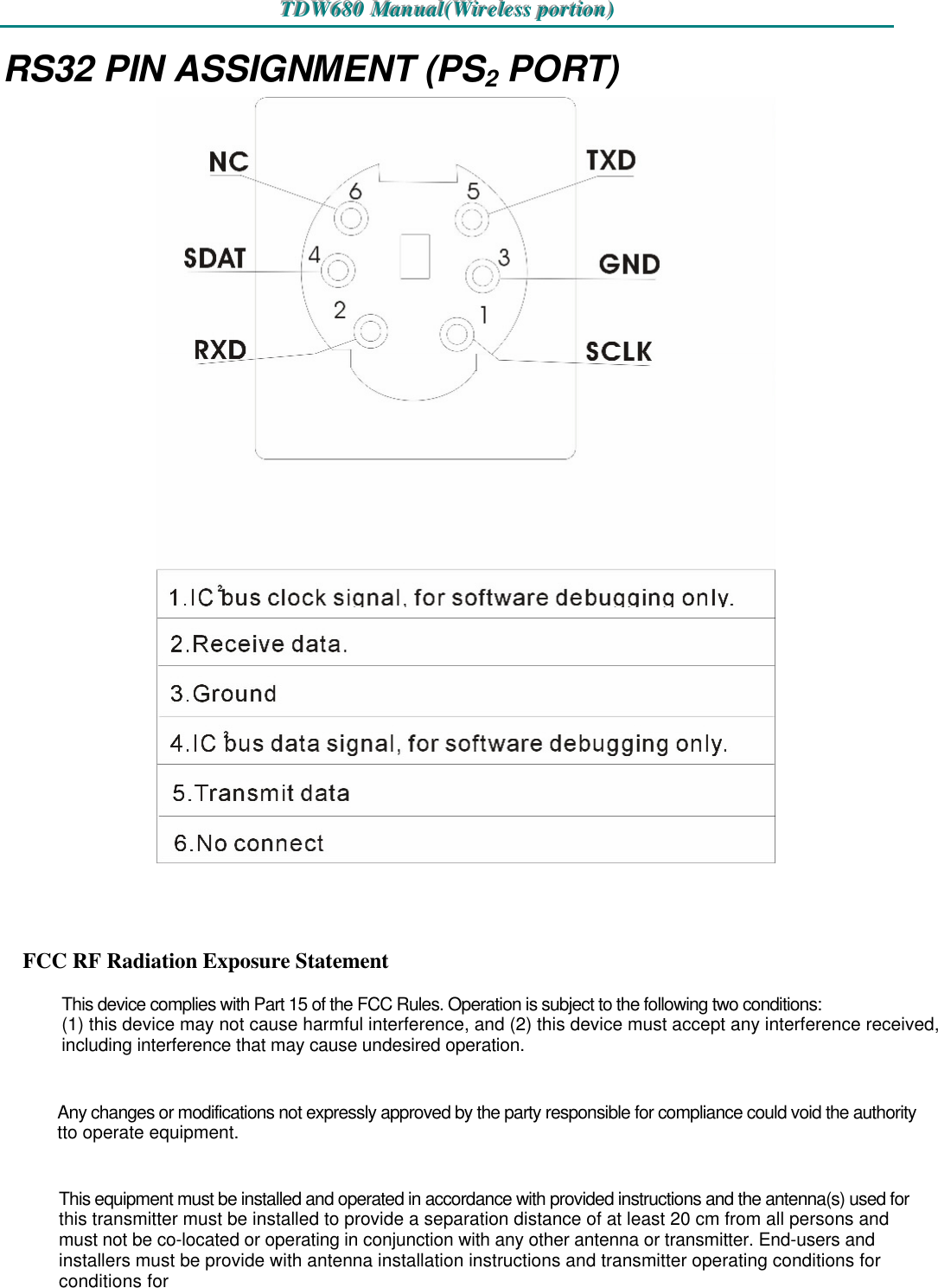 TTTDDDWWW666888000   MMMaaannnuuuaaalll(((WWWiiirrreeellleeessssss   pppooorrrtttiiiooonnn)))   RS32 PIN ASSIGNMENT (PS2 PORT)       FCC RF Radiation Exposure StatementThis device complies with Part 15 of the FCC Rules. Operation is subject to the following two conditions:  (1) this device may not cause harmful interference, and (2) this device must accept any interference received,including interference that may cause undesired operation.  Any changes or modifications not expressly approved by the party responsible for compliance could void the authority tto operate equipment.  This equipment must be installed and operated in accordance with provided instructions and the antenna(s) used for this transmitter must be installed to provide a separation distance of at least 20 cm from all persons and must not be co-located or operating in conjunction with any other antenna or transmitter. End-users and installers must be provide with antenna installation instructions and transmitter operating conditions for conditions for 