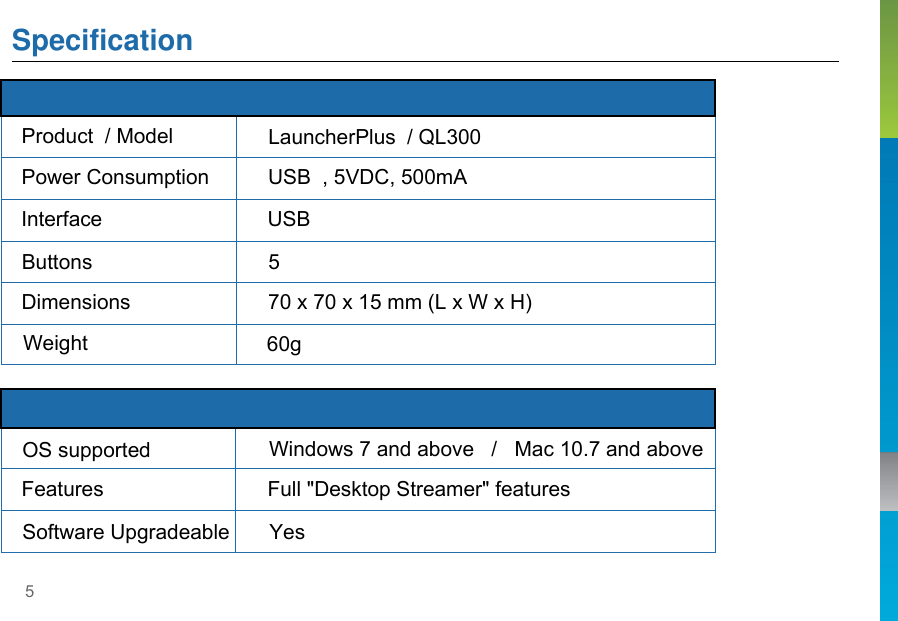 5  Hardware Specification Software Features  Specification   Product  / Model LauncherPlus  / QL300 Power Consumption USB  , 5VDC, 500mA Interface USB Buttons 5 Dimensions 70 x 70 x 15 mm (L x W x H) Weight 60g   OS supported Windows 7 and above   /   Mac 10.7 and above Features Full &quot;Desktop Streamer&quot; features Software Upgradeable   Yes 