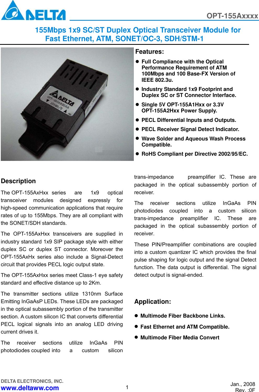 Page 1 of 9 - Delta-Electronics Delta-Electronics-Optical-Transceiver-Modules-Opt-155Axxxx-Users-Manual OPT-155A-0F