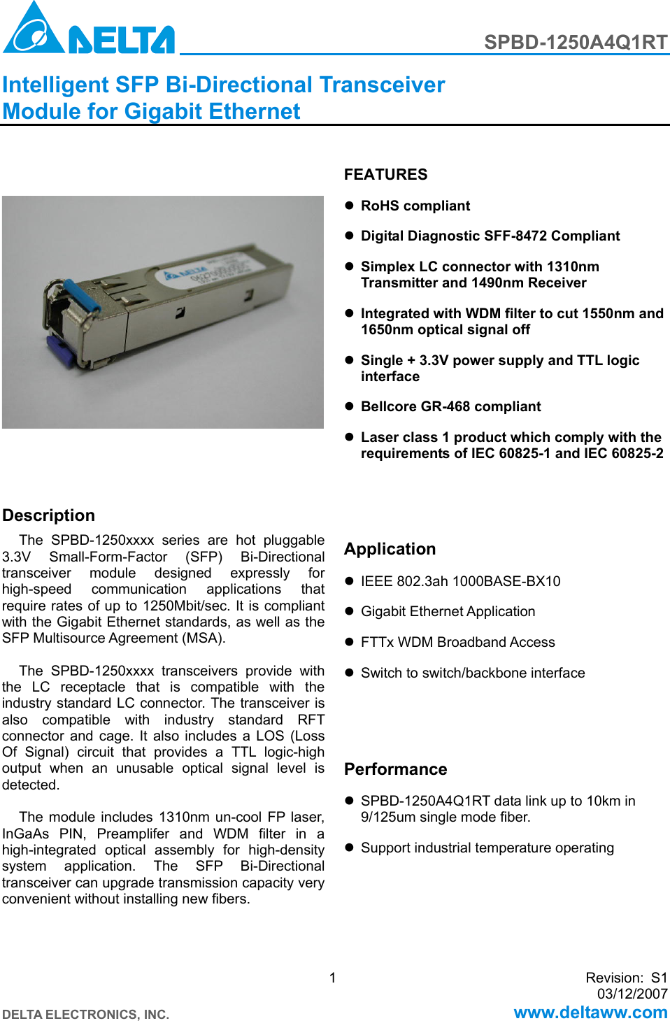 Page 1 of 10 - Delta-Electronics Delta-Electronics-Spbd-1250A4Q1Rt-Users-Manual SPBD-1250A4Q1RT_S1