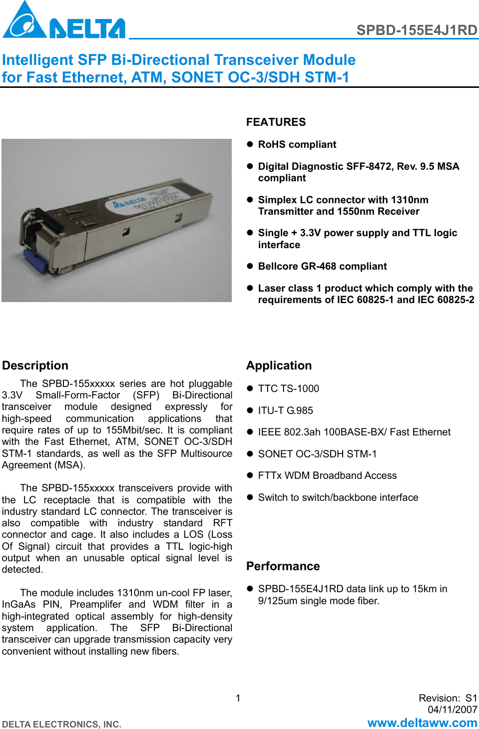 Page 1 of 9 - Delta-Electronics Delta-Electronics-Spbd-155E4J1Rd-Users-Manual SPBD-155E4J1RD_S1