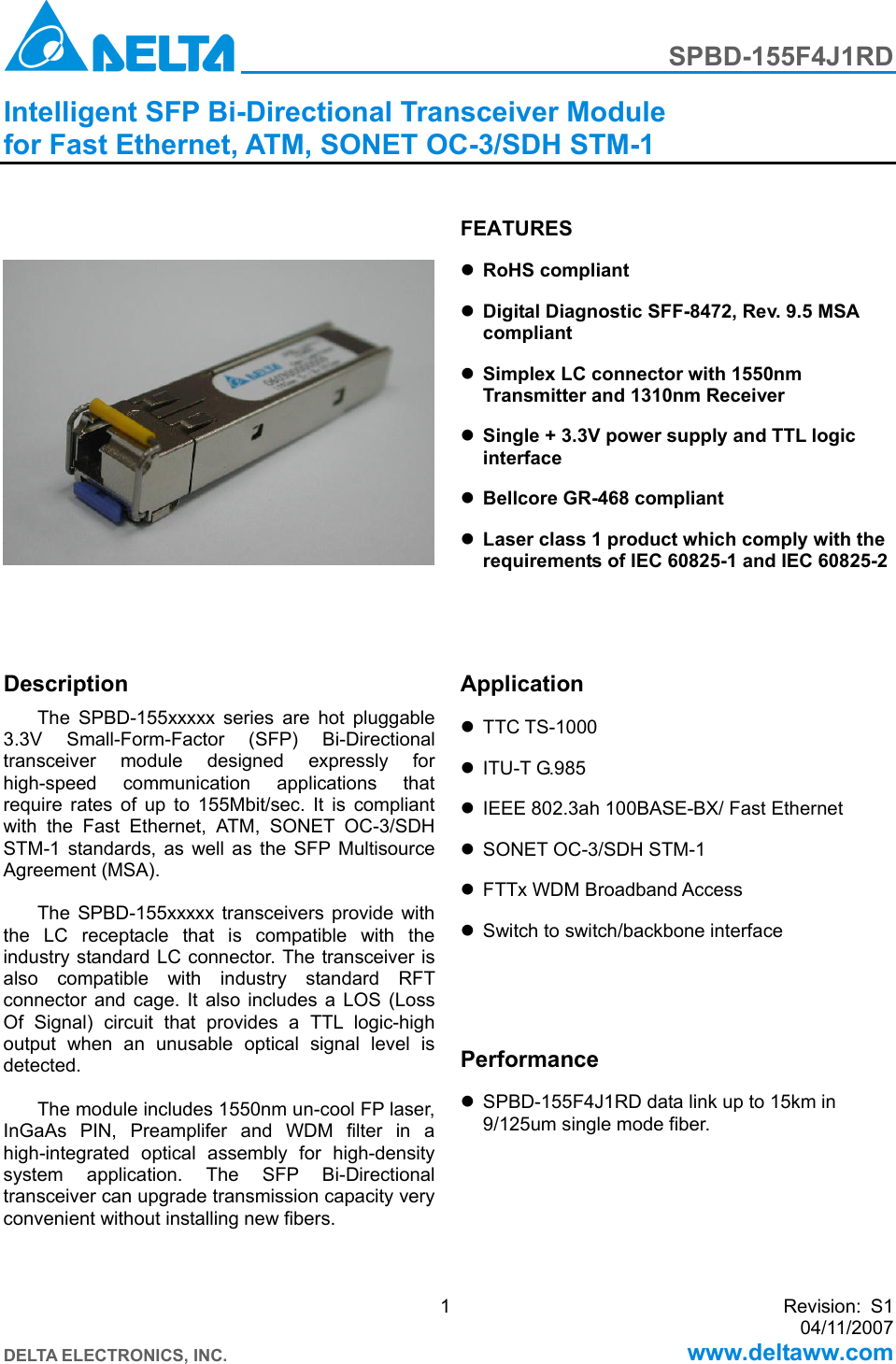 Page 1 of 9 - Delta-Electronics Delta-Electronics-Spbd-155F4J1Rd-Users-Manual SPBD-155F4J1RD_S1
