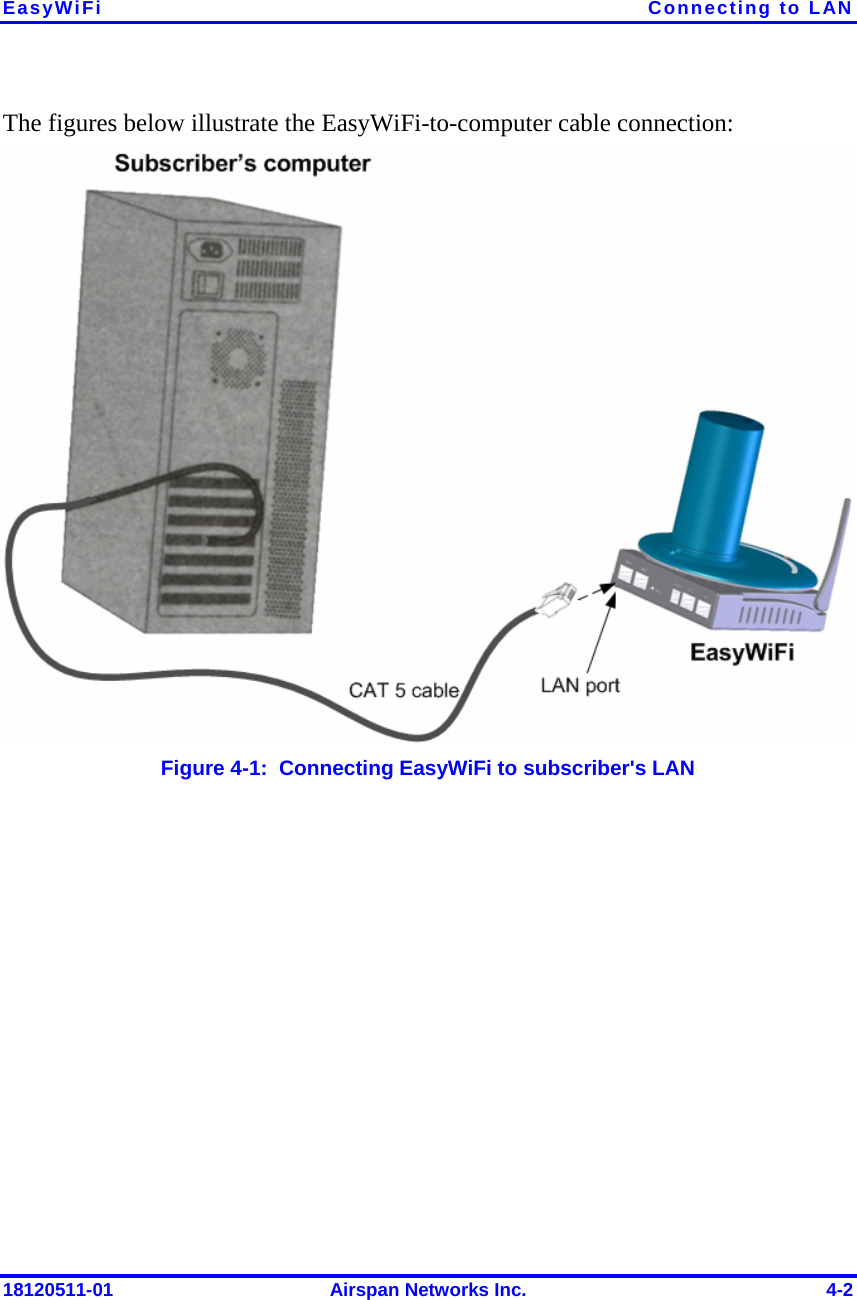 EasyWiFi Connecting to LAN 18120511-01  Airspan Networks Inc.  4-2 The figures below illustrate the EasyWiFi-to-computer cable connection:  Figure  4-1:  Connecting EasyWiFi to subscriber&apos;s LAN  