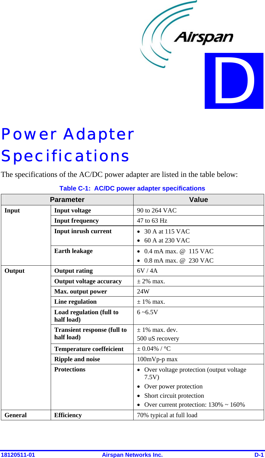  18120511-01  Airspan Networks Inc.  D-1 Power Adapter Specifications The specifications of the AC/DC power adapter are listed in the table below: Table C-1:  AC/DC power adapter specifications Parameter  Value Input voltage  90 to 264 VAC Input frequency  47 to 63 Hz Input inrush current  • 30 A at 115 VAC • 60 A at 230 VAC Input Earth leakage  • 0.4 mA max. @  115 VAC • 0.8 mA max. @  230 VAC Output rating  6V / 4A Output voltage accuracy  ± 2% max. Max. output power  24W Line regulation  ± 1% max. Load regulation (full to half load)  6 ~6.5V  Transient response (full to half load)  ± 1% max. dev. 500 uS recovery Temperature coeffeicient  ± 0.04% / °C Ripple and noise  100mVp-p max Output Protections  • Over voltage protection (output voltage 7.5V)  • Over power protection  • Short circuit protection  • Over current protection: 130% ~ 160% General   Efficiency  70% typical at full load D 