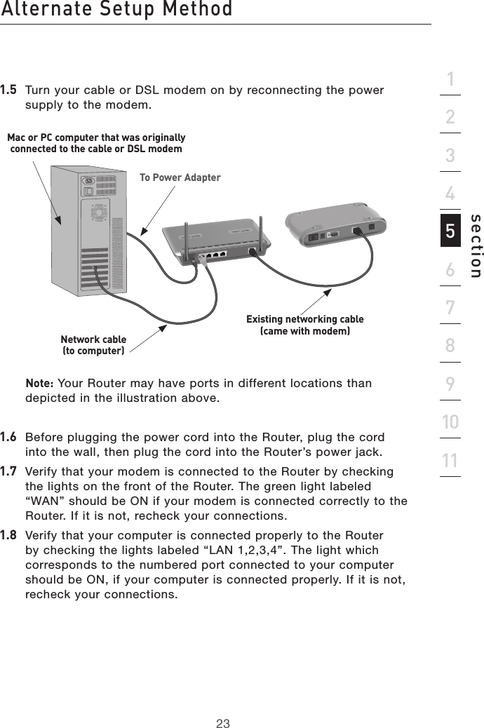 23Alternate Setup Method23section21345678910111.5  Turn your cable or DSL modem on by reconnecting the power supply to the modem.   Note: Your Router may have ports in different locations than depicted in the illustration above.1.6  Before plugging the power cord into the Router, plug the cord into the wall, then plug the cord into the Router’s power jack.1.7  Verify that your modem is connected to the Router by checking the lights on the front of the Router. The green light labeled “WAN” should be ON if your modem is connected correctly to the Router. If it is not, recheck your connections.1.8  Verify that your computer is connected properly to the Router by checking the lights labeled “LAN 1,2,3,4”. The light which corresponds to the numbered port connected to your computer should be ON, if your computer is connected properly. If it is not, recheck your connections.To Power AdapterMac or PC computer that was originally connected to the cable or DSL modemNetwork cable  (to computer)Existing networking cable (came with modem)