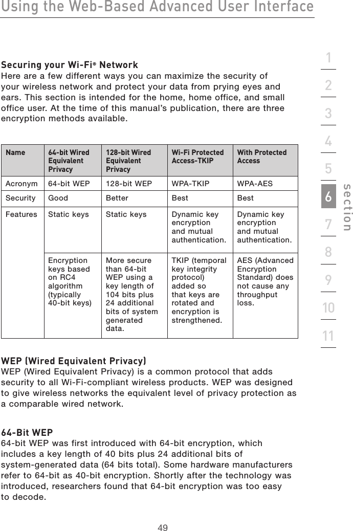 49Using the Web-Based Advanced User Interface49section2134567891011Securing your Wi-Fi® Network Here are a few different ways you can maximize the security of your wireless network and protect your data from prying eyes and ears. This section is intended for the home, home office, and small office user. At the time of this manual’s publication, there are three encryption methods available.Name 64-bit Wired Equivalent Privacy128-bit Wired Equivalent PrivacyWi-Fi Protected Access-TKIPWith Protected AccessAcronym 64-bit WEP 128-bit WEP WPA-TKIP WPA-AESSecurity Good Better Best BestFeatures Static keys  Static keys  Dynamic key encryption and mutual authentication.Dynamic key encryption and mutual authentication.Encryption keys based on RC4 algorithm (typically  40-bit keys)More secure than 64-bit WEP using a key length of 104 bits plus 24 additional bits of system generated data.TKIP (temporal key integrity protocol) added so that keys are rotated and encryption is strengthened.AES (Advanced Encryption Standard) does not cause any throughput loss.WEP (Wired Equivalent Privacy)  WEP (Wired Equivalent Privacy) is a common protocol that adds security to all Wi-Fi-compliant wireless products. WEP was designed to give wireless networks the equivalent level of privacy protection as a comparable wired network. 64-Bit WEP 64-bit WEP was first introduced with 64-bit encryption, which includes a key length of 40 bits plus 24 additional bits of  system-generated data (64 bits total). Some hardware manufacturers refer to 64-bit as 40-bit encryption. Shortly after the technology was introduced, researchers found that 64-bit encryption was too easy  to decode.