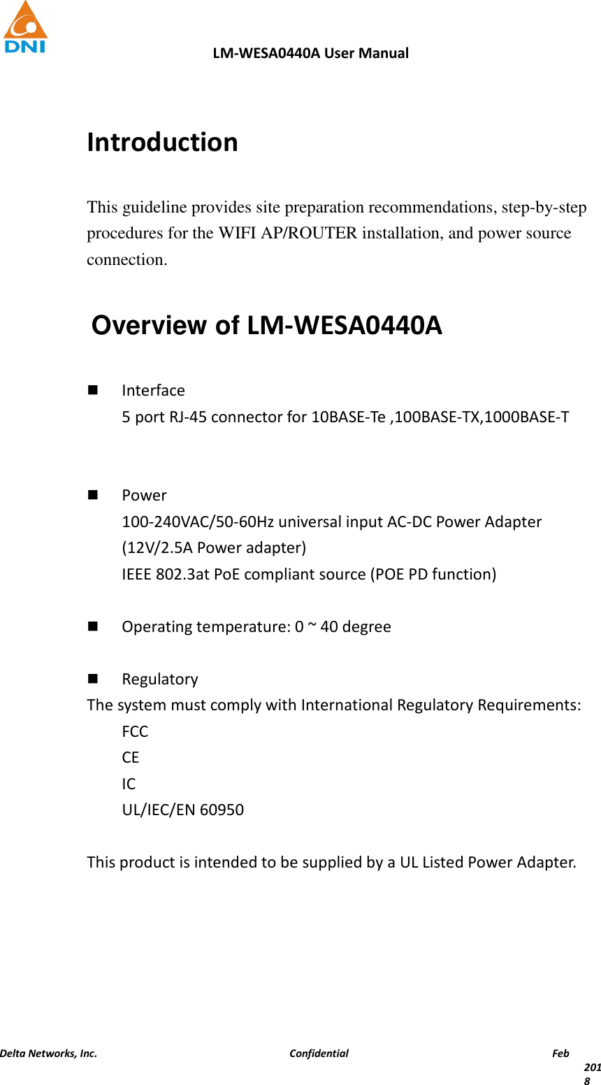 Page 2 of Delta Electronics LM-WESA0440A 802.11 b/g/n/ac WIFI AP User Manual 