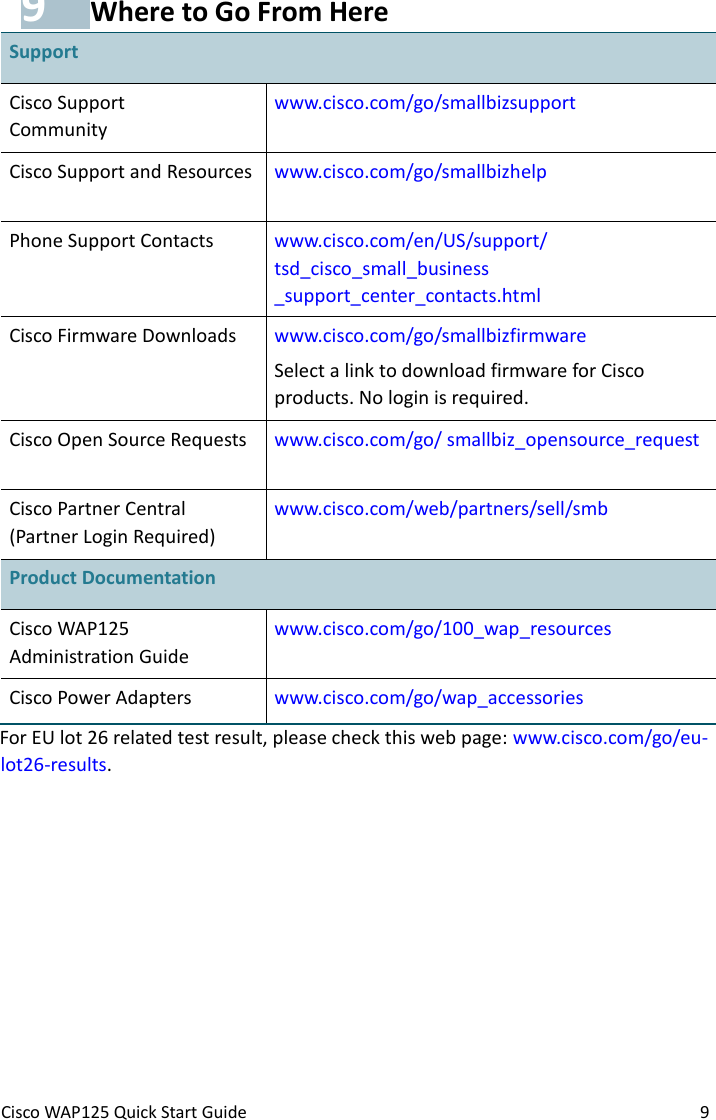 Cisco WAP125 Quick Start Guide 9 9 Where to Go From Here Support  Cisco Support  Community www.cisco.com/go/smallbizsupport Cisco Support and Resources www.cisco.com/go/smallbizhelp Phone Support Contacts www.cisco.com/en/US/support/ tsd_cisco_small_business _support_center_contacts.html Cisco Firmware Downloads www.cisco.com/go/smallbizfirmware Select a link to download firmware for Cisco products. No login is required. Cisco Open Source Requests www.cisco.com/go/ smallbiz_opensource_request Cisco Partner Central (Partner Login Required) www.cisco.com/web/partners/sell/smb Product Documentation  Cisco WAP125  Administration Guide  www.cisco.com/go/100_wap_resources Cisco Power Adapters www.cisco.com/go/wap_accessories For EU lot 26 related test result, please check this web page: www.cisco.com/go/eu-lot26-results.              