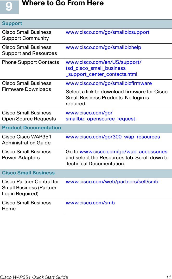 Cisco WAP351 Quick Start Guide 11Where to Go From HereSupportCisco Small Business Support Communitywww.cisco.com/go/smallbizsupportCisco Small Business Support and Resourceswww.cisco.com/go/smallbizhelpPhone Support Contacts www.cisco.com/en/US/support/tsd_cisco_small_business _support_center_contacts.htmlCisco Small Business Firmware Downloadswww.cisco.com/go/smallbizfirmwareSelect a link to download firmware for Cisco Small Business Products. No login is required.Cisco Small Business Open Source Requestswww.cisco.com/go/smallbiz_opensource_requestProduct DocumentationCisco Cisco WAP351 Administration Guide www.cisco.com/go/300_wap_resourcesCisco Small Business Power AdaptersGo to www.cisco.com/go/wap_accessories and select the Resources tab. Scroll down to Technical Documentation.Cisco Small BusinessCisco Partner Central for Small Business (Partner Login Required)www.cisco.com/web/partners/sell/smbCisco Small Business Homewww.cisco.com/smb9