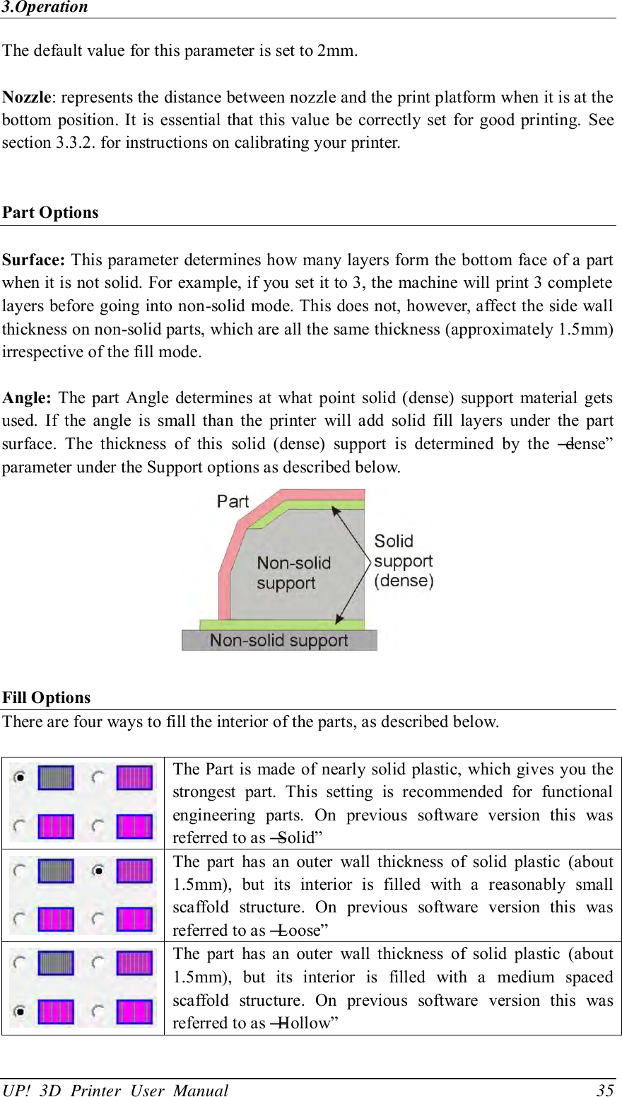 3.Operation UP!  3D  Printer  User  Manual                                35 The default value for this parameter is set to 2mm.  Nozzle: represents the distance between nozzle and the print platform when it is at the bottom  position. It is  essential that this value be  correctly  set  for good printing.  See section 3.3.2. for instructions on calibrating your printer.   Part Options  Surface: This parameter determines how many layers form the bottom face of a part when it is not solid. For example, if you set it to 3, the machine will print 3 complete layers before going into non-solid mode. This does not, however, affect the side wall thickness on non-solid parts, which are all the same thickness (approximately 1.5mm) irrespective of the fill mode.    Angle:  The  part  Angle  determines at  what  point  solid  (dense)  support  material gets used.  If  the  angle  is  small  than  the  printer  will  add  solid  fill  layers  under  the  part surface.  The  thickness  of  this  solid  (dense)  support  is  determined  by  the  ―dense‖ parameter under the Support options as described below.   Fill Options   There are four ways to fill the interior of the parts, as described below.     The Part is made of nearly solid plastic, which gives you the strongest  part.  This  setting  is  recommended  for  functional engineering  parts.  On  previous  software  version  this  was referred to as ―Solid‖  The  part  has  an  outer  wall  thickness  of  solid  plastic  (about 1.5mm),  but  its  interior  is  filled  with  a  reasonably  small scaffold  structure.  On  previous  software  version  this  was referred to as ―Loose‖  The  part  has  an  outer  wall  thickness  of  solid  plastic  (about 1.5mm),  but  its  interior  is  filled  with  a  medium  spaced scaffold  structure.  On  previous  software  version  this  was referred to as ―Hollow‖ 