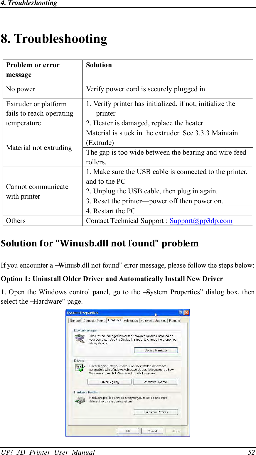 4. Troubleshooting UP!  3D  Printer  User  Manual                                52  8. Troubleshooting   Problem or error message Solution No power Verify power cord is securely plugged in. Extruder or platform fails to reach operating temperature 1. 1. Verify printer has initialized. if not, initialize the printer 2. 2. Heater is damaged, replace the heater Material not extruding Material is stuck in the extruder. See 3.3.3 Maintain (Extrude) The gap is too wide between the bearing and wire feed rollers. Cannot communicate with printer 1. Make sure the USB cable is connected to the printer, and to the PC 2. Unplug the USB cable, then plug in again. 3. Reset the printer—power off then power on.   4. Restart the PC Others Contact Technical Support : Support@pp3dp.com   Solution for &quot;Winusb.dll not found&quot; problem   If you encounter a ―Winusb.dll not found‖ error message, please follow the steps below: Option 1: Uninstall Older Driver and Automatically Install New Driver 1. Open the Windows  control panel,  go to the ―System Properties‖ dialog box, then select the ―Hardware‖ page.  