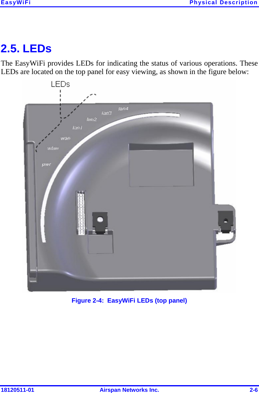 EasyWiFi Physical Description 18120511-01  Airspan Networks Inc.  2-6  2.5. LEDs The EasyWiFi provides LEDs for indicating the status of various operations. These LEDs are located on the top panel for easy viewing, as shown in the figure below:    Figure  2-4:  EasyWiFi LEDs (top panel)  