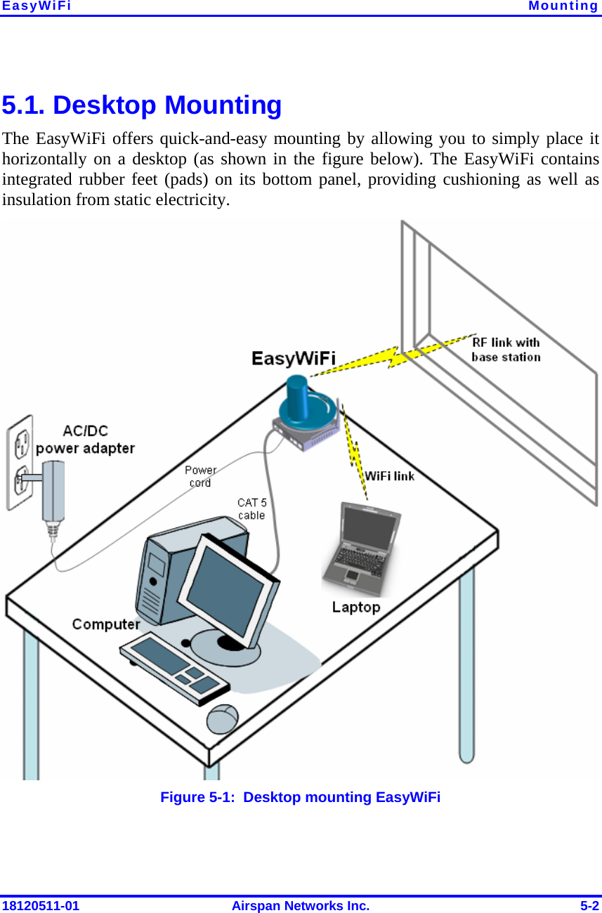 EasyWiFi  Mounting 18120511-01  Airspan Networks Inc.  5-2 5.1. Desktop Mounting The EasyWiFi offers quick-and-easy mounting by allowing you to simply place it horizontally on a desktop (as shown in the figure below). The EasyWiFi contains integrated rubber feet (pads) on its bottom panel, providing cushioning as well as insulation from static electricity.   Figure  5-1:  Desktop mounting EasyWiFi 