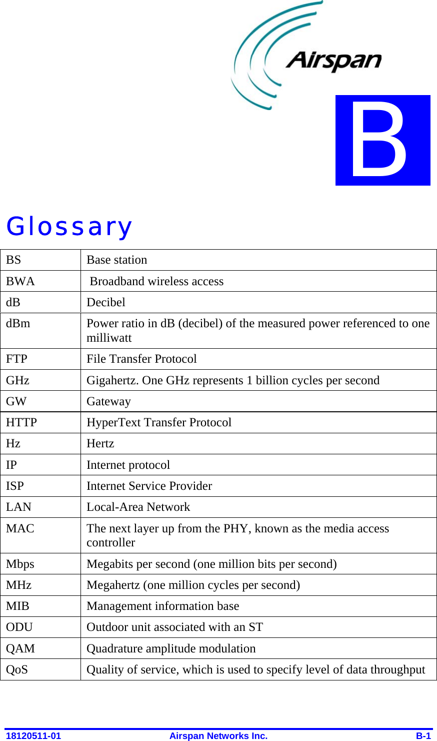  18120511-01  Airspan Networks Inc.  B-1 Glossary BS Base station BWA   Broadband wireless access dB   Decibel dBm  Power ratio in dB (decibel) of the measured power referenced to one milliwatt FTP  File Transfer Protocol GHz  Gigahertz. One GHz represents 1 billion cycles per second GW Gateway HTTP HyperText Transfer Protocol Hz Hertz IP   Internet protocol ISP  Internet Service Provider  LAN Local-Area Network MAC  The next layer up from the PHY, known as the media access controller Mbps  Megabits per second (one million bits per second) MHz  Megahertz (one million cycles per second) MIB  Management information base ODU   Outdoor unit associated with an ST QAM   Quadrature amplitude modulation QoS   Quality of service, which is used to specify level of data throughput B 