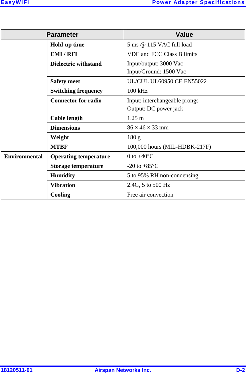 EasyWiFi Power Adapter Specifications 18120511-01  Airspan Networks Inc.  D-2 Parameter  Value Hold-up time  5 ms @ 115 VAC full load EMI / RFI  VDE and FCC Class B limits Dielectric withstand  Input/output: 3000 Vac  Input/Ground: 1500 Vac Safety meet  UL/CUL UL60950 CE EN55022 Switching frequency  100 kHz Connector for radio  Input: interchangeable prongs  Output: DC power jack Cable length  1.25 m Dimensions  86 × 46 × 33 mm Weight   180 g MTBF  100,000 hours (MIL-HDBK-217F) Operating temperature  0 to +40°C Storage temperature  -20 to +85°C Humidity  5 to 95% RH non-condensing Vibration  2.4G, 5 to 500 Hz Environmental  Cooling  Free air convection  