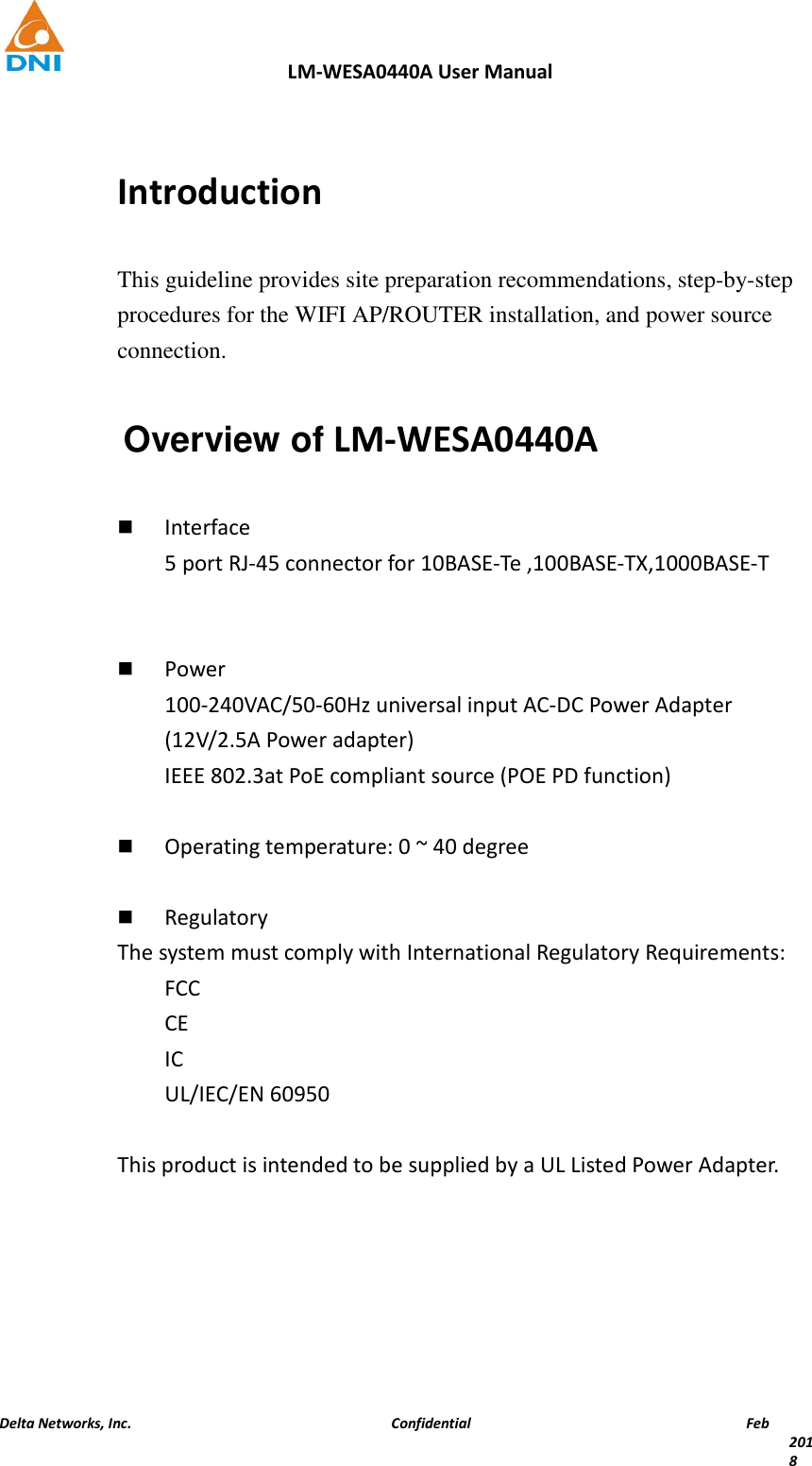 Page 2 of Delta Networks LM-WESA0440A 802.11 b/g/n/ac WIFI AP User Manual 