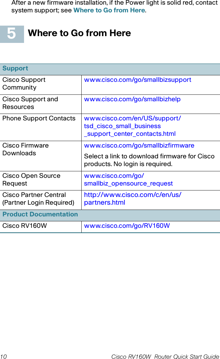 Cisco RV160W  Router Quick Start Guide 9 Troubleshoot Your ConnectionIf you cannot access your device by using the Setup Wizard, the device may not be reachable from your computer. You can test network connections by using ping on a computer running Windows:STEP 1Open a command window by using Start &gt; Run and enter cmd.STEP 2At the Command window prompt, enter ping and the device IP address. For example, ping 192.168.1.1 (the default static IP address of the device).If you can reach the device, you should get a reply similar to the following:Pinging 192.168.1.1 with 32 bytes of data:Reply from 192.168.1.1: bytes=32 time&lt;1ms TTL=128.If you cannot reach the device, you should get a reply similar to the following:Pinging 192.168.1.1 with 32 bytes of data:Request timed out.Possible Causes and ResolutionsBad Ethernet connection:   Check the LEDs for the proper indications. Check the connectors of the Ethernet cable to ensure that they are firmly plugged into the device and your computer.Wrong or conflicting IP address: Verify that you are using the correct IP address of the device. Verify that no other device is using the same IP address as this device.No IP route: If the device and your computer are in different IP subnetworks, remote access must be enabled and you need at least one router on the network to route the packets between the two subnetworks.Unusually long access time: Adding new connections may take 30–60 seconds for the affected interfaces and LAN to become operational.Bad Image