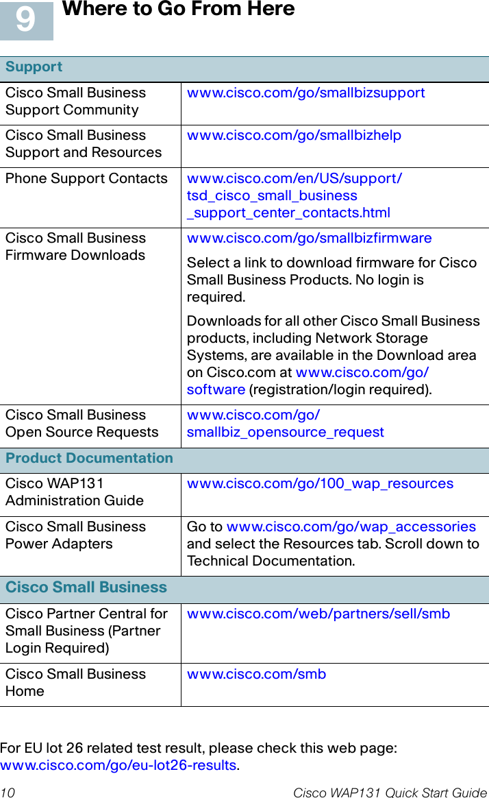 10 Cisco WAP131 Quick Start GuideWhere to Go From HereFor EU lot 26 related test result, please check this web page: www.cisco.com/go/eu-lot26-results. SupportCisco Small Business Support Communitywww.cisco.com/go/smallbizsupportCisco Small Business Support and Resourceswww.cisco.com/go/smallbizhelpPhone Support Contacts www.cisco.com/en/US/support/tsd_cisco_small_business _support_center_contacts.htmlCisco Small Business Firmware Downloadswww.cisco.com/go/smallbizfirmwareSelect a link to download firmware for Cisco Small Business Products. No login is required.Downloads for all other Cisco Small Business products, including Network Storage Systems, are available in the Download area on Cisco.com at www.cisco.com/go/software (registration/login required).Cisco Small Business Open Source Requestswww.cisco.com/go/smallbiz_opensource_requestProduct DocumentationCisco WAP131 Administration Guide www.cisco.com/go/100_wap_resourcesCisco Small Business Power AdaptersGo to www.cisco.com/go/wap_accessories and select the Resources tab. Scroll down to Technical Documentation.Cisco Small BusinessCisco Partner Central for Small Business (Partner Login Required)www.cisco.com/web/partners/sell/smbCisco Small Business Homewww.cisco.com/smb9