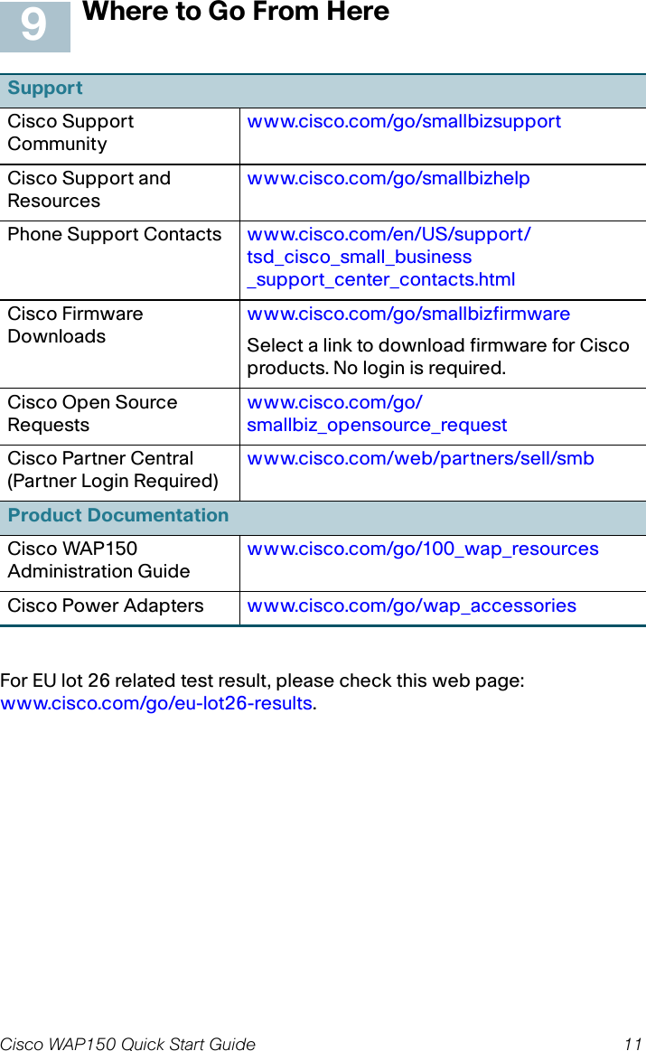 Cisco WAP150 Quick Start Guide 11Where to Go From HereFor EU lot 26 related test result, please check this web page: www.cisco.com/go/eu-lot26-results. SupportCisco Support Communitywww.cisco.com/go/smallbizsupportCisco Support and Resourceswww.cisco.com/go/smallbizhelpPhone Support Contacts www.cisco.com/en/US/support/tsd_cisco_small_business _support_center_contacts.htmlCisco Firmware Downloadswww.cisco.com/go/smallbizfirmwareSelect a link to download firmware for Cisco products. No login is required.Cisco Open Source Requestswww.cisco.com/go/smallbiz_opensource_requestCisco Partner Central (Partner Login Required)www.cisco.com/web/partners/sell/smbProduct DocumentationCisco WAP150 Administration Guide www.cisco.com/go/100_wap_resourcesCisco Power Adapters www.cisco.com/go/wap_accessories9