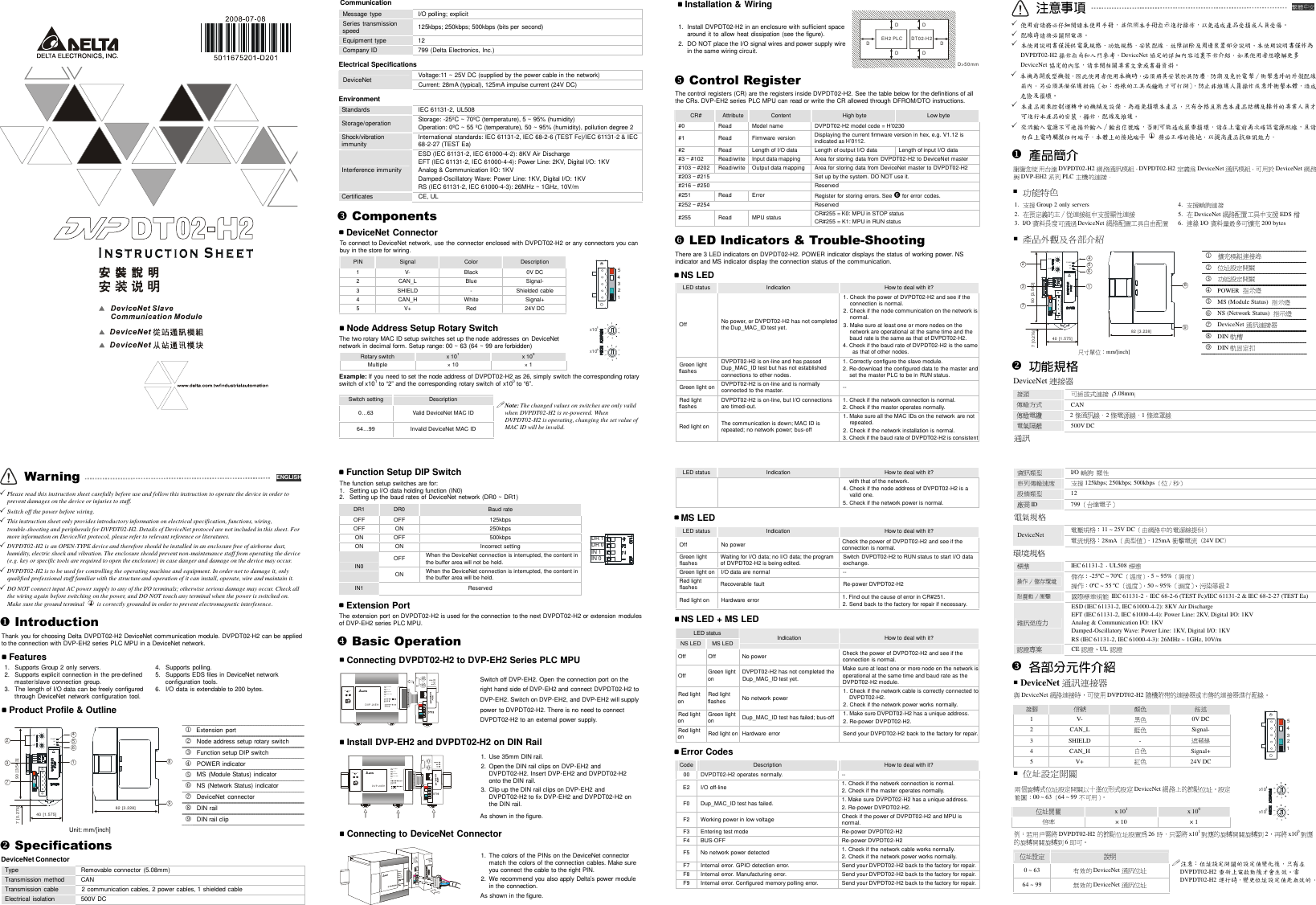Page 1 of 2 - Delta Delta-Devicenet-Slave-Communication-Module-Dvpdt02-H2-Users-Manual- 5011675201-D201 Delta-devicenet-slave-communication-module-dvpdt02-h2-users-manual