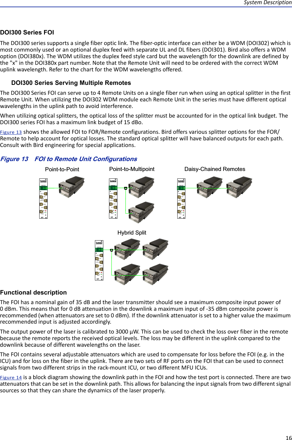 SystemDescription16DOI300 Series FOITheDOI300seriessupportsasinglefiberopticlink.Thefiber‐opticinterfacecaneitherbeaWDM(DOI302)whichismostcommonlyusedoranoptionalduplexfeedwithseparateULandDLfibers(DOI301).BirdalsooffersaWDMoption(DOI380x).TheWDMutilizestheduplexfeedstylecardbutthewavelengthforthedownlinkaredefinedbythe&quot;x&quot;intheDOI380xpartnumber.NotethattheRemoteUnitwillneedtobeorderedwiththecorrectWDMuplinkwavelength.RefertothechartfortheWDMwavelengthsoffered.DOI300 Series Serving Multiple RemotesTheDOI300SeriesFOIcanserveupto4RemoteUnitsonasinglefiberrunwhenusinganopticalsplitterinthefirstRemoteUnit.WhenutilizingtheDOI302WDMmoduleeachRemoteUnitintheseriesmusthavedifferentopticalwavelengthsintheuplinkpathtoavoidinterference.Whenutilizingopticalsplitters,theopticallossofthesplittermustbeaccountedforintheopticallinkbudget.TheDOI300seriesFOIhasamaximumlinkbudgetof15dBo.Figure13showstheallowedFOItoFOR/Remoteconfigurations.BirdoffersvarioussplitteroptionsfortheFOR/Remotetohelpaccountforopticallosses.Thestandardopticalsplitterwillhavebalancedoutputsforeachpath.ConsultwithBirdengineeringforspecialapplications.Figure 13   FOI to Remote Unit ConfigurationsDeltaNodeWireless TechnologyTMFOIALMONUL OUT 1OPTO IN/OUTTP DLRESTP UL DL IN 1DL IN 2UL OUT 2DeltaNodeWireless TechnologyTMFOIALMONUL OUT 1OPTO IN/OUTTP DLRESTP UL DL IN 1DL IN 2UL OUT 2Point-to-Point Daisy-Chained RemotesHybrid SplitDeltaNodeWireless TechnologyTMFOIALMONUL OUT 1OPTO IN/OUTTP DLRESTP UL DL IN 1DL IN 2UL OUT 2Point-to-MultipointDeltaNodeWireless TechnologyTMFOIALMONUL OUT 1OPTO IN/OUTTP DLRESTP UL DL IN 1DL IN 2UL OUT 2Functional descriptionTheFOIhasanominalgainof35dBandthelasertransmittershouldseeamaximumcompositeinputpowerof0dBm.Thismeansthatfor0dBattenuationinthedownlinkamaximuminputof‐35dBmcompositepowerisrecommended(whenattenuatorsaresetto0dBm).Ifthedownlinkattenuatorissettoahighervaluethemaximumrecommendedinputisadjustedaccordingly.Theoutputpowerofthelaseriscalibratedto3000µW.Thiscanbeusedtocheckthelossoverfiberintheremotebecausetheremotereportsthereceivedopticallevels.Thelossmaybedifferentintheuplinkcomparedtothedownlinkbecauseofdifferentwavelengthsonthelaser.TheFOIcontainsseveraladjustableattenuatorswhichareusedtocompensateforlossbeforetheFOI(e.g.intheICU)andforlossonthefiberintheuplink.TherearetwosetsofRFportsontheFOIthatcanbeusedtoconnectsignalsfromtwodifferentstripsintherack‐mountICU,ortwodifferentMFUICUs.Figure14isablockdiagramshowingthedownlinkpathintheFOIandhowthetestportisconnected.Therearetwoattenuatorsthatcanbesetinthedownlinkpath.Thisallowsforbalancingtheinputsignalsfromtwodifferentsignalsourcessothattheycansharethedynamicsofthelaserproperly.