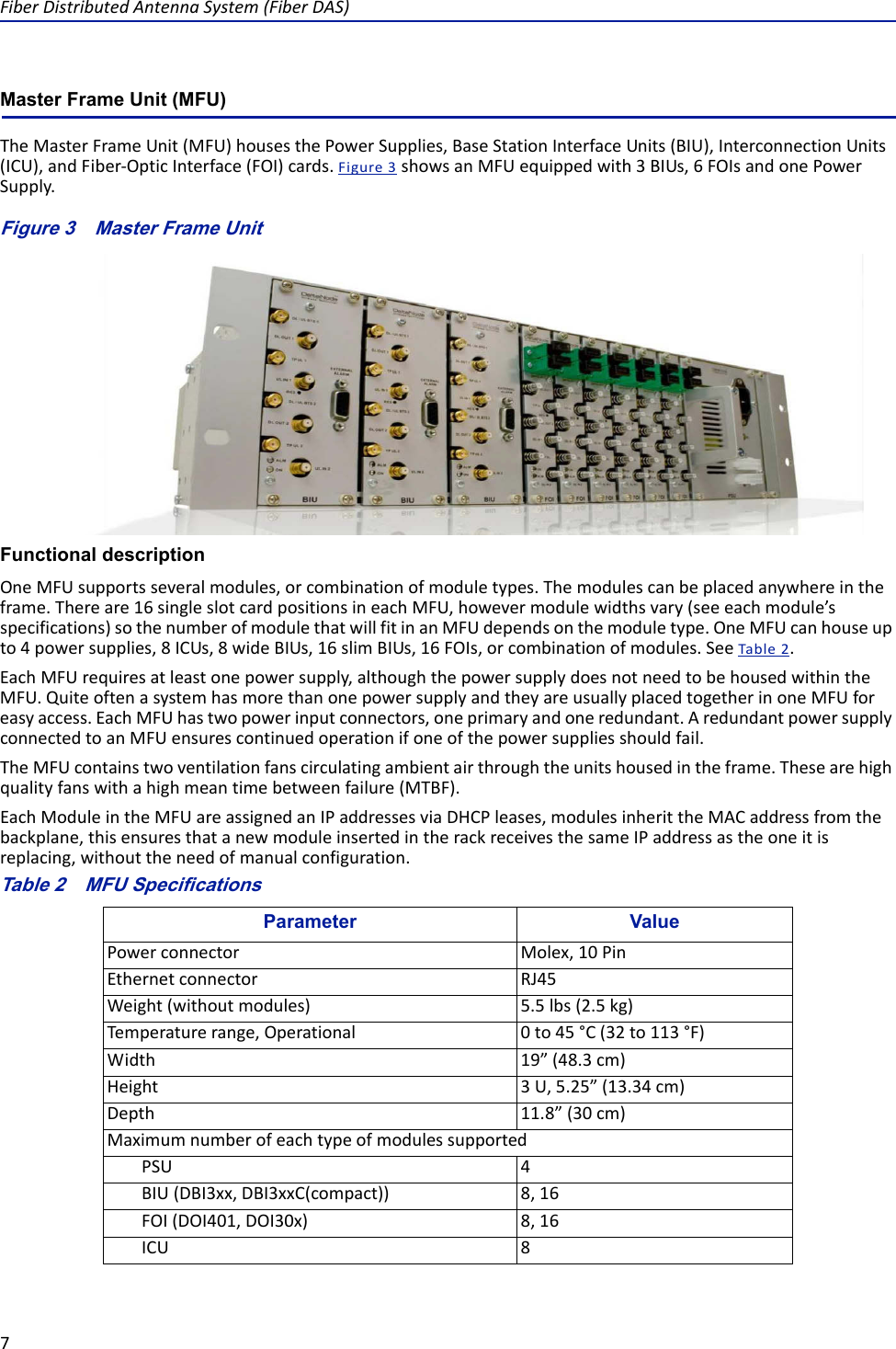 FiberDistributedAntennaSystem(FiberDAS)7Master Frame Unit (MFU) TheMasterFrameUnit(MFU)housesthePowerSupplies,BaseStationInterfaceUnits(BIU),InterconnectionUnits(ICU),andFiber‐OpticInterface(FOI)cards.Figure3showsanMFUequippedwith3BIUs,6FOIsandonePowerSupply.Figure 3   Master Frame UnitFunctional descriptionOneMFUsupportsseveralmodules,orcombinationofmoduletypes.Themodulescanbeplacedanywhereintheframe.Thereare16singleslotcardpositionsineachMFU,howevermodulewidthsvary(seeeachmodule’sspecifications)sothenumberofmodulethatwillfitinanMFUdependsonthemoduletype.OneMFUcanhouseupto4powersupplies,8ICUs,8wideBIUs,16slimBIUs,16FOIs,orcombinationofmodules.SeeTable2.EachMFUrequiresatleastonepowersupply,althoughthepowersupplydoesnotneedtobehousedwithintheMFU.QuiteoftenasystemhasmorethanonepowersupplyandtheyareusuallyplacedtogetherinoneMFUforeasyaccess.EachMFUhastwopowerinputconnectors,oneprimaryandoneredundant.AredundantpowersupplyconnectedtoanMFUensurescontinuedoperationifoneofthepowersuppliesshouldfail.TheMFUcontainstwoventilationfanscirculatingambientairthroughtheunitshousedintheframe.Thesearehighqualityfanswithahighmeantimebetweenfailure(MTBF).EachModuleintheMFUareassignedanIPaddressesviaDHCPleases,modulesinherittheMACaddressfromthebackplane,thisensuresthatanewmoduleinsertedintherackreceivesthesameIPaddressastheoneitisreplacing,withouttheneedofmanualconfiguration.Table 2   MFU SpecificationsParameter ValuePowerconnector Molex,10PinEthernetconnector RJ45Weight(withoutmodules) 5.5lbs(2.5kg)Temperaturerange,Operational 0to45°C(32to113°F)Width 19”(48.3cm)Height3U,5.25”(13.34cm)Depth 11.8”(30cm)MaximumnumberofeachtypeofmodulessupportedPSU 4BIU(DBI3xx,DBI3xxC(compact)) 8,16FOI(DOI401,DOI30x) 8,16ICU 8