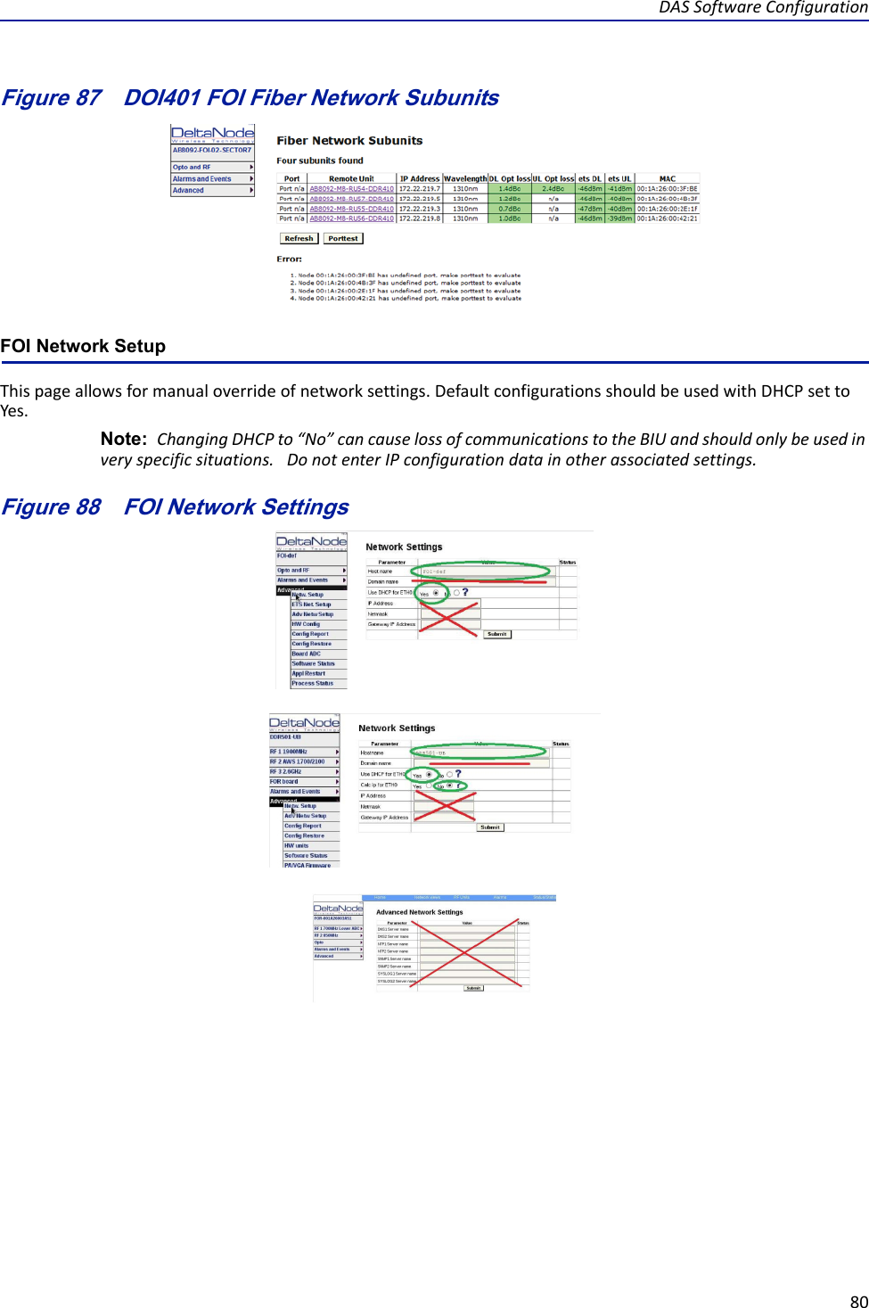 DASSoftwareConfiguration80Figure 87   DOI401 FOI Fiber Network SubunitsFOI Network SetupThispageallowsformanualoverrideofnetworksettings.DefaultconfigurationsshouldbeusedwithDHCPsettoYes.Note: ChangingDHCPto“No”cancauselossofcommunicationstotheBIUandshouldonlybeusedinveryspecificsituations.DonotenterIPconfigurationdatainotherassociatedsettings.Figure 88   FOI Network Settings