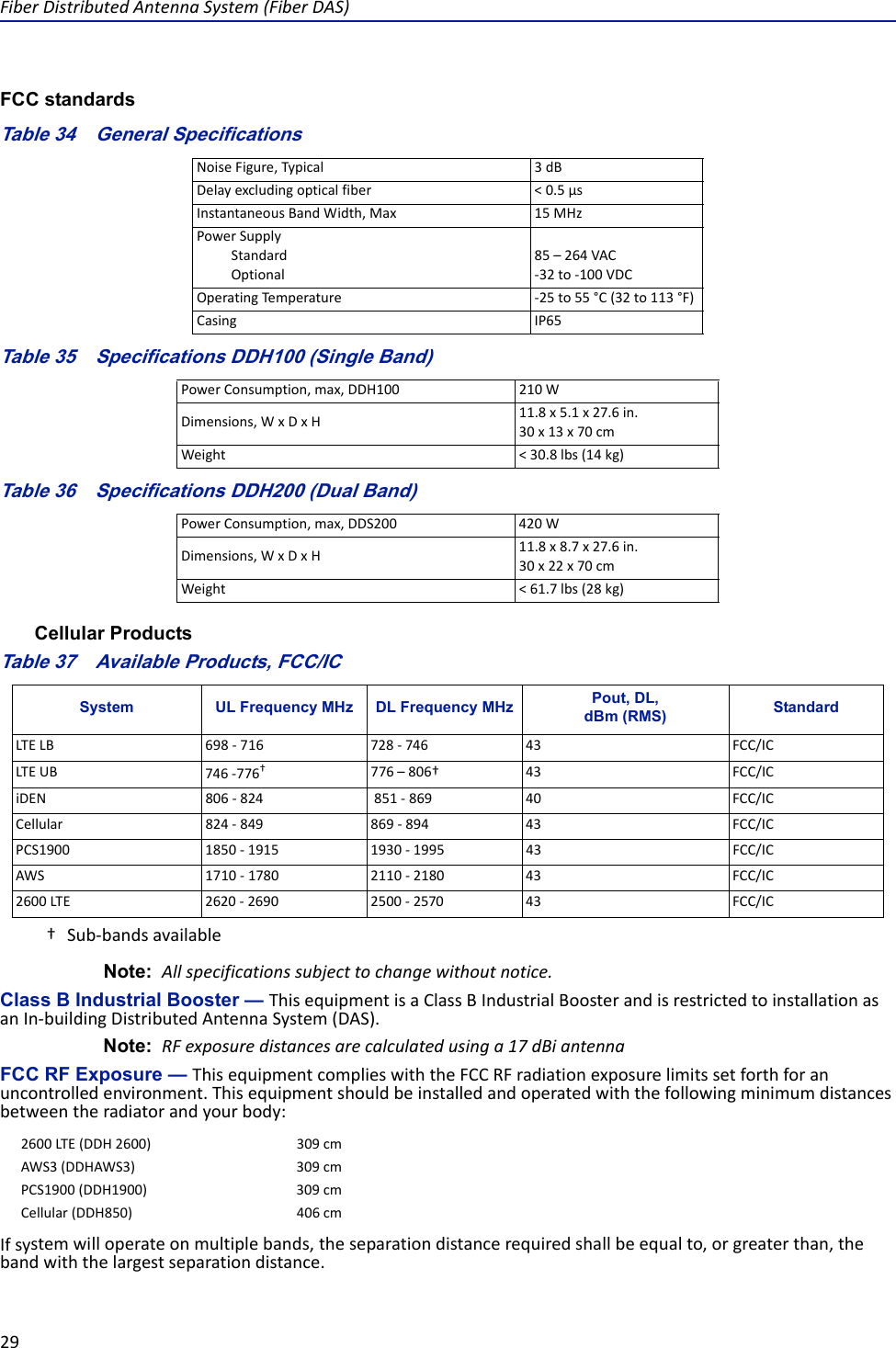 FiberDistributedAntennaSystem(FiberDAS)29FCC standardsTable 34   General SpecificationsTable 35   Specifications DDH100 (Single Band)Table 36   Specifications DDH200 (Dual Band)Cellular ProductsTable 37   Available Products, FCC/ICNote: Allspecificationssubjecttochangewithoutnotice.Class B Industrial Booster — ThisequipmentisaClassBIndustrialBoosterandisrestrictedtoinstallationasanIn‐buildingDistributedAntennaSystem(DAS).Note: RFexposuredistancesarecalculatedusinga17dBiantennaFCC RF Exposure — ThisequipmentcomplieswiththeFCCRFradiationexposurelimitssetforthforanuncontrolledenvironment.Thisequipmentshouldbeinstalledandoperatedwiththefollowingminimumdistancesbetweentheradiatorandyourbody:Ifsystemwilloperateonmultiplebands,theseparationdistancerequiredshallbeequalto,orgreaterthan,thebandwiththelargestseparationdistance.NoiseFigure,Typical 3dBDelayexcludingopticalfiber &lt;0.5µsInstantaneousBandWidth,Max 15MHzPowerSupplyStandardOptional85–264VAC‐32to‐100VDCOperatingTe mperatu re ‐25to55°C(32to113°F)Casing IP65PowerConsumption,max,DDH100210WDimensions,WxDxH11.8x5.1x27.6in.30x13x70cmWeight &lt;30.8lbs(14kg)PowerConsumption,max,DDS200 420WDimensions,WxDxH11.8x8.7x27.6in.30x22x70cmWeight &lt;61.7lbs(28kg)System UL Frequency MHz DL Frequency MHz Pout, DL,dBm (RMS) StandardLTELB 698‐716 728‐746 43 FCC/ICLTEUB 746‐776††Sub‐bandsavailable776–806† 43 FCC/ICiDEN 806‐824 851‐869 40 FCC/ICCellular 824‐849 869‐894 43 FCC/ICPCS1900 1850‐1915 1930‐1995 43 FCC/ICAWS 1710‐1780 2110‐2180 43 FCC/IC2600LTE 2620‐2690 2500‐2570 43 FCC/IC2600LTE(DDH2600) 309cmAWS3(DDHAWS3) 309cmPCS1900(DDH1900) 309cmCellular(DDH850) 406cm