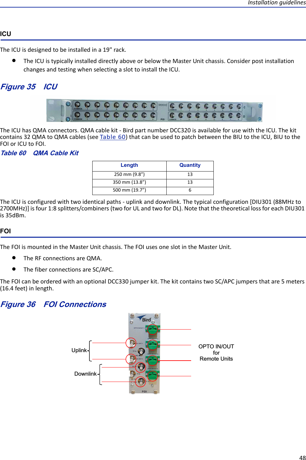 Installationguidelines48ICUTheICUisdesignedtobeinstalledina19&quot;rack.TheICUistypicallyinstalleddirectlyaboveorbelowtheMasterUnitchassis.ConsiderpostinstallationchangesandtestingwhenselectingaslottoinstalltheICU.Figure 35   ICUTheICUhasQMAconnectors.QMAcablekit‐BirdpartnumberDCC320isavailableforusewiththeICU.Thekitcontains32QMAtoQMAcables(seeTable60)thatcanbeusedtopatchbetweentheBIUtotheICU,BIUtotheFOIorICUtoFOI.Table 60   QMA Cable KitTheICUisconfiguredwithtwoidenticalpaths‐uplinkanddownlink.Thetypicalconfiguration[DIU301(88MHzto2700MHz)]isfour1:8splitters/combiners(twoforULandtwoforDL).NotethatthetheoreticallossforeachDIU301is35dBm.FOITheFOIismountedintheMasterUnitchassis.TheFOIusesoneslotintheMasterUnit.TheRFconnectionsareQMA.ThefiberconnectionsareSC/APC.TheFOIcanbeorderedwithanoptionalDCC330jumperkit.ThekitcontainstwoSC/APCjumpersthatare5meters(16.4feet)inlength.Figure 36   FOI ConnectionsOPTO IN/OUTforRemote UnitsUplinkDownlinkLength Quantity250mm(9.8”) 13350mm(13.8”) 13500mm(19.7”) 6