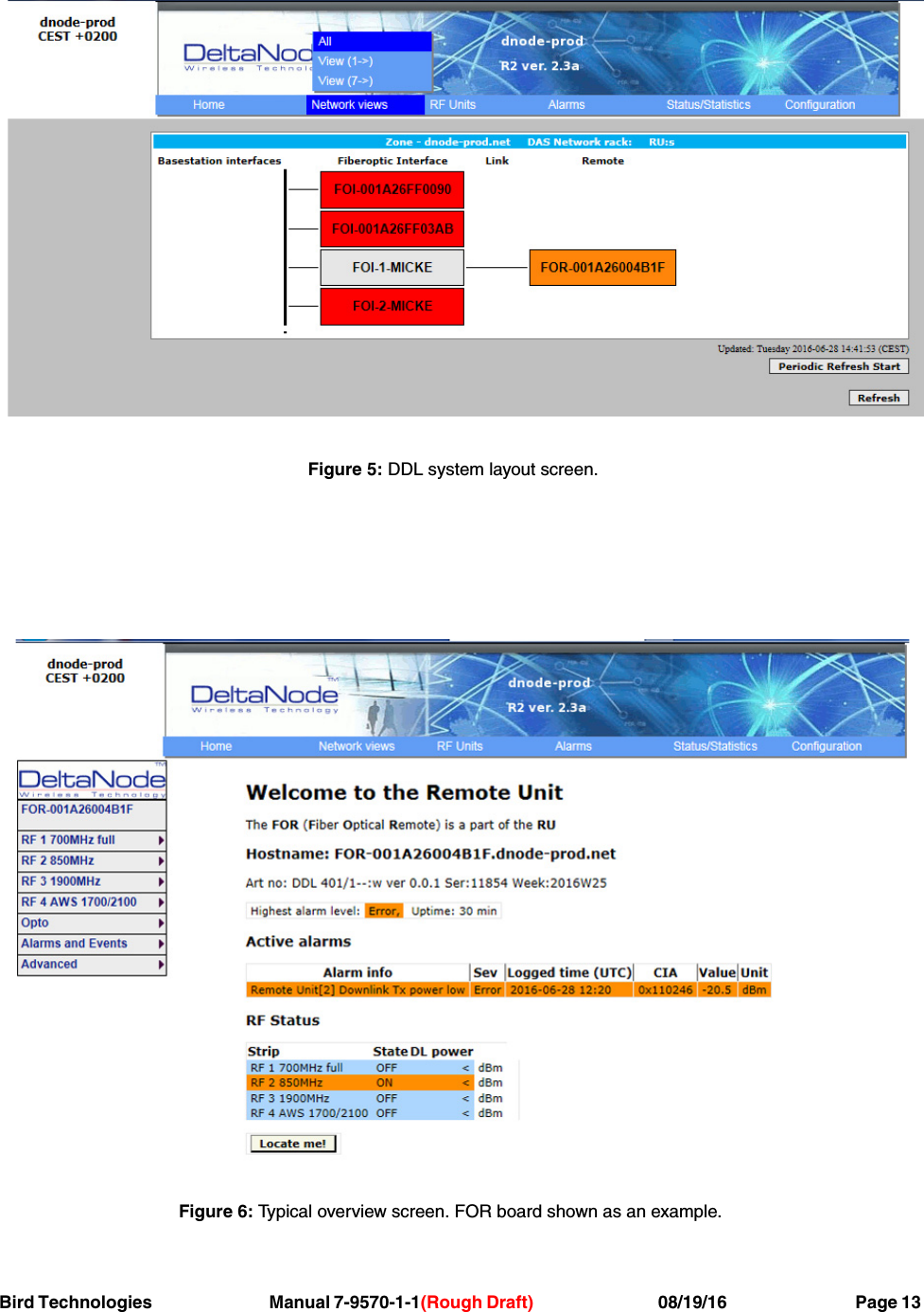 Bird Technologies                               Manual 7-9570-1-1(Rough Draft)                                 08/19/16                                  Page 13Figure 6: Typical overview screen. FOR board shown as an example.Figure 5: DDL system layout screen.